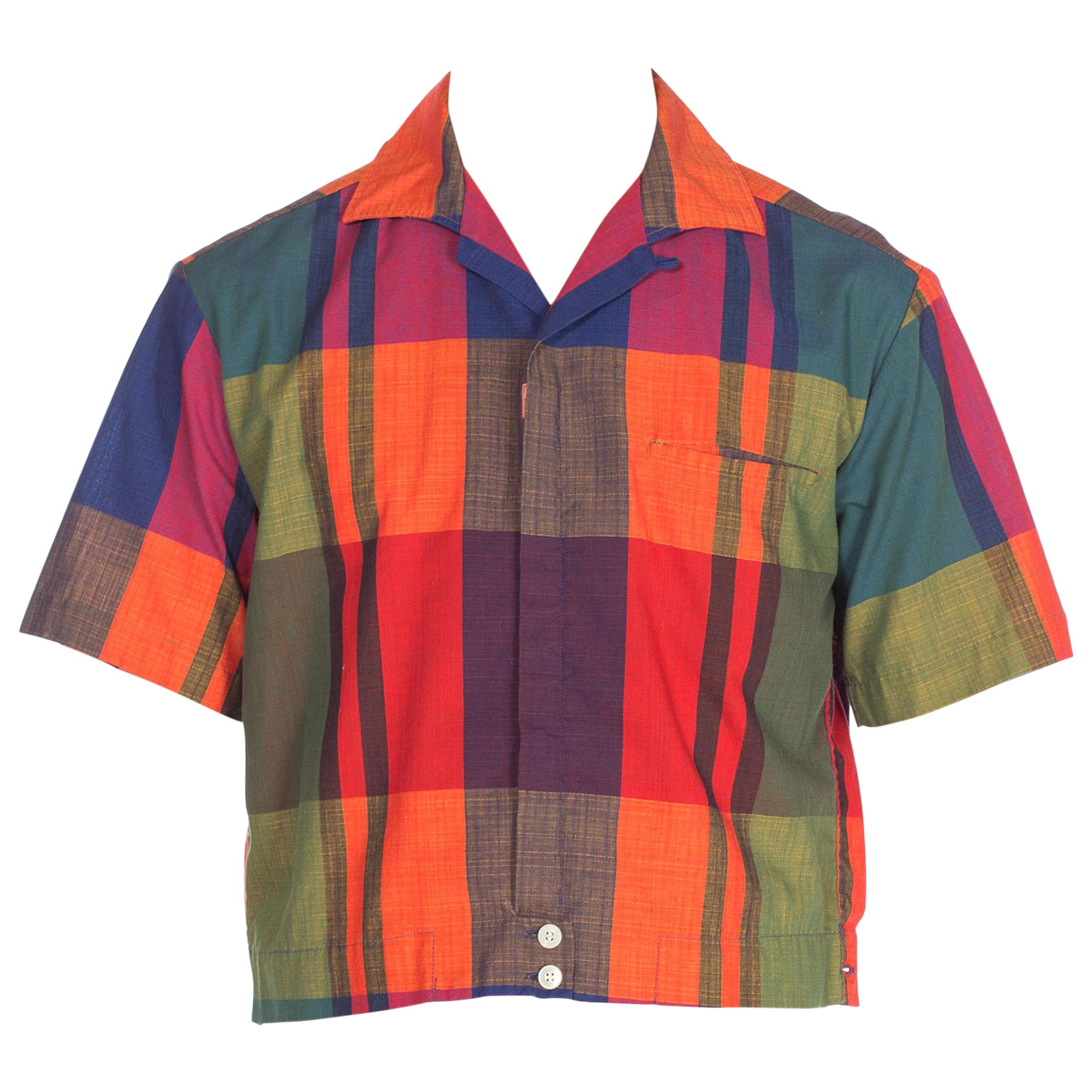 1950S MCGREGOR Orange & Blue Cotton Men's Zip Front Plaid Short Sleeve  Shirt J