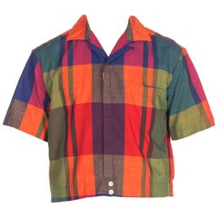 1950S MCGREGOR Orange & Blue Cotton Men's Zip Front Plaid Short Sleeve  Shirt Ja