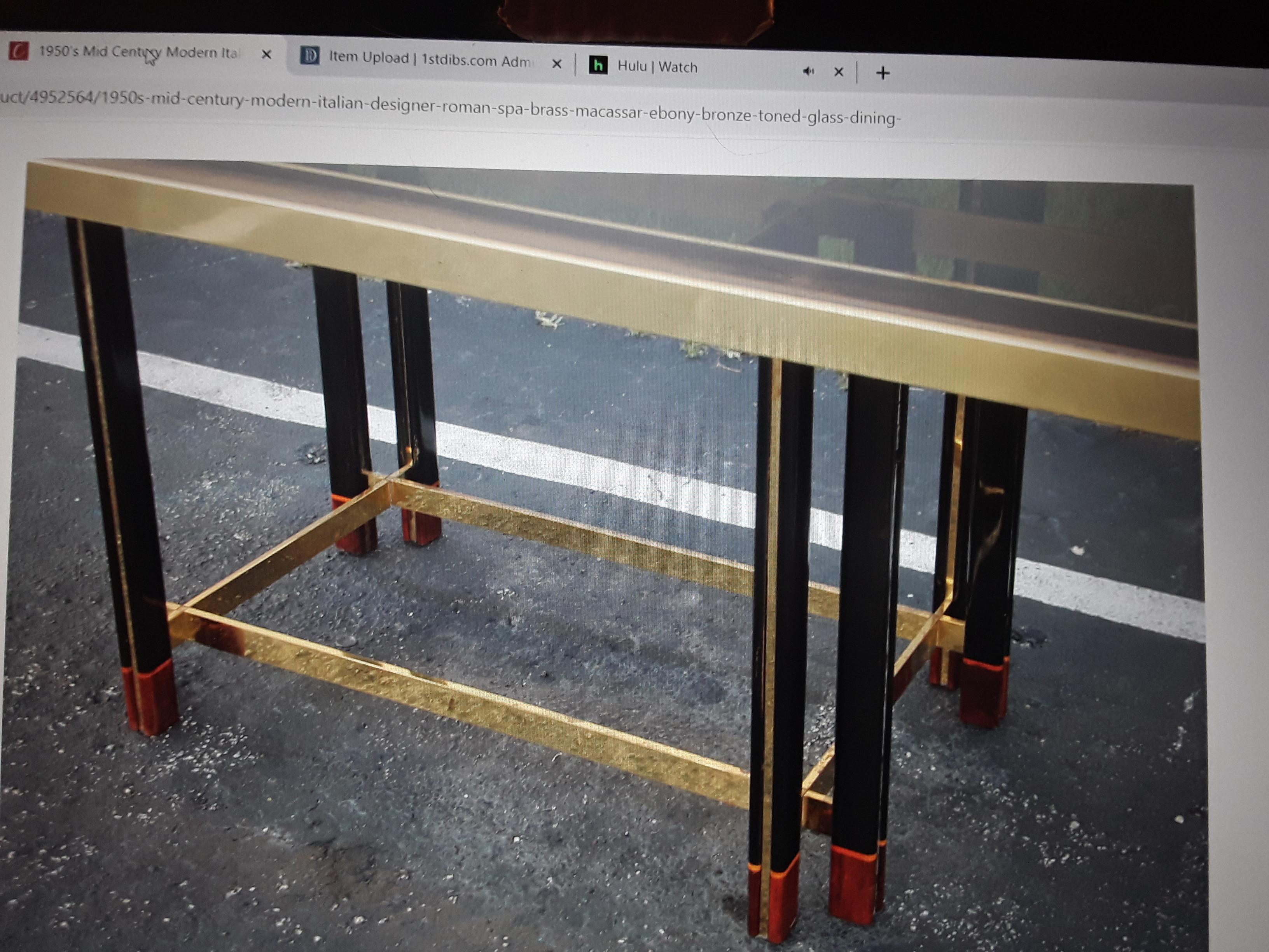 1950's MCM Brass/ Macassar Ebony/ Bronze Toned Glass Dining Table by Roman Spa For Sale 4