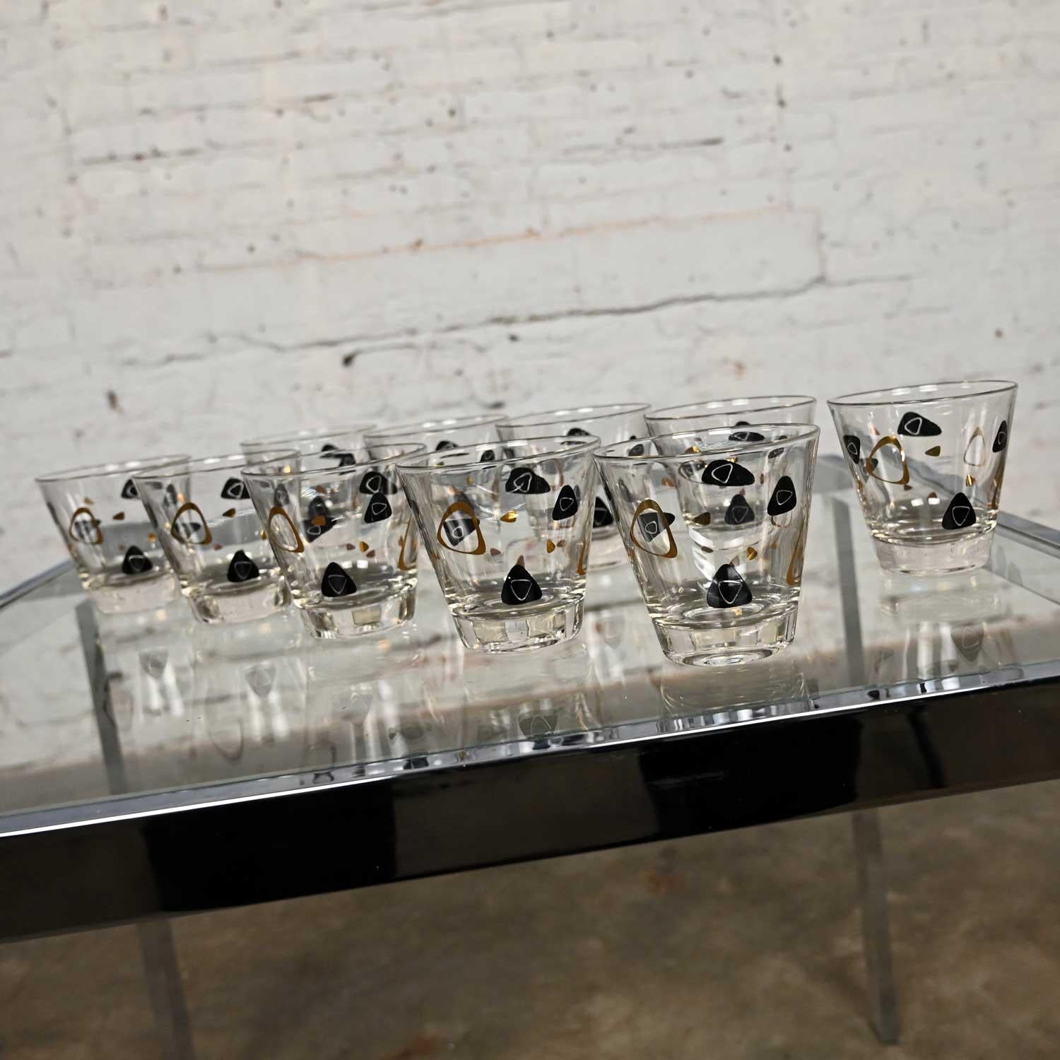 1950s MCM Federal Glass Fantasy Black & 22 Karat Gold Manhattan Glasses Set 10 For Sale 1