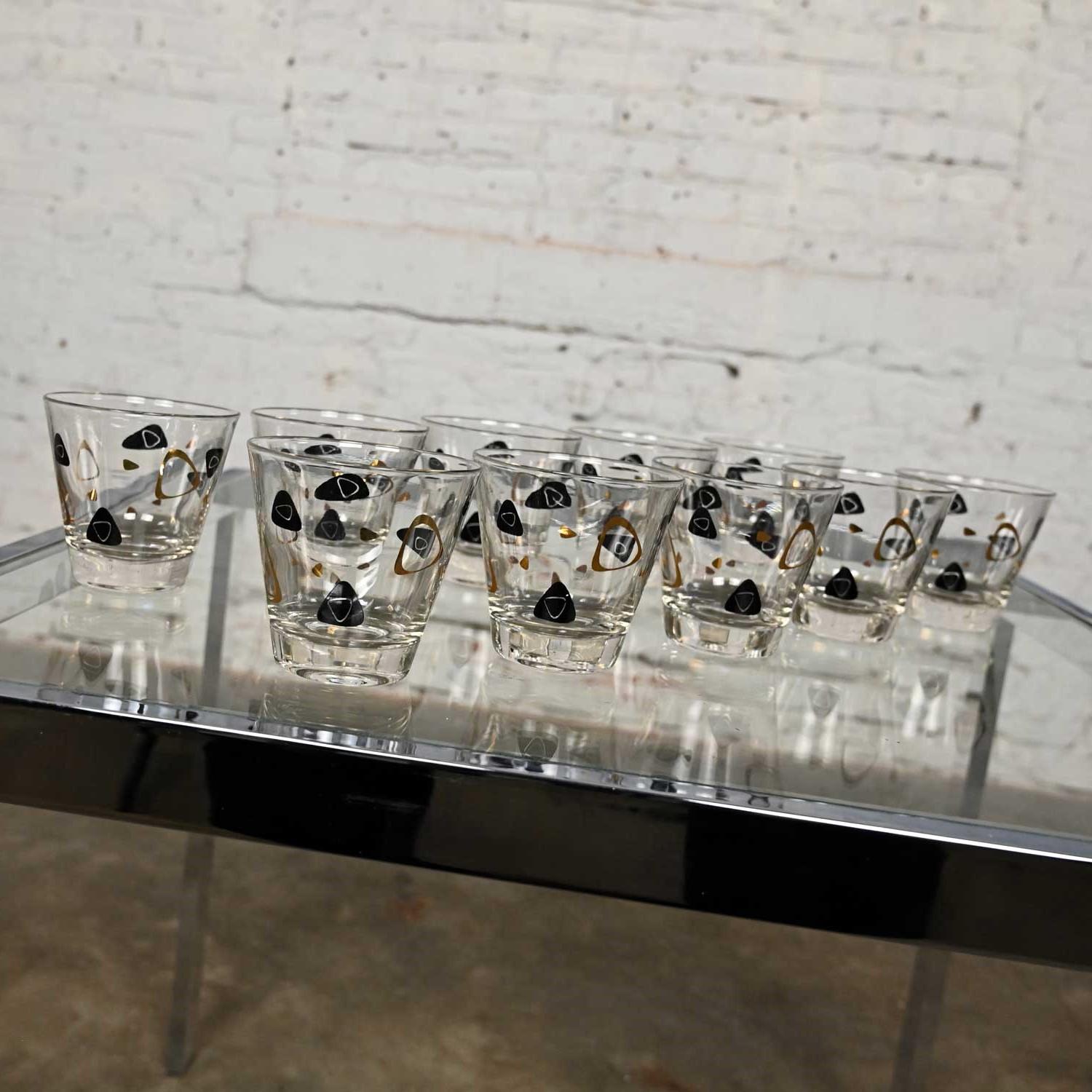 1950s MCM Federal Glass Fantasy Black & 22 Karat Gold Manhattan Glasses Set 10 For Sale 2