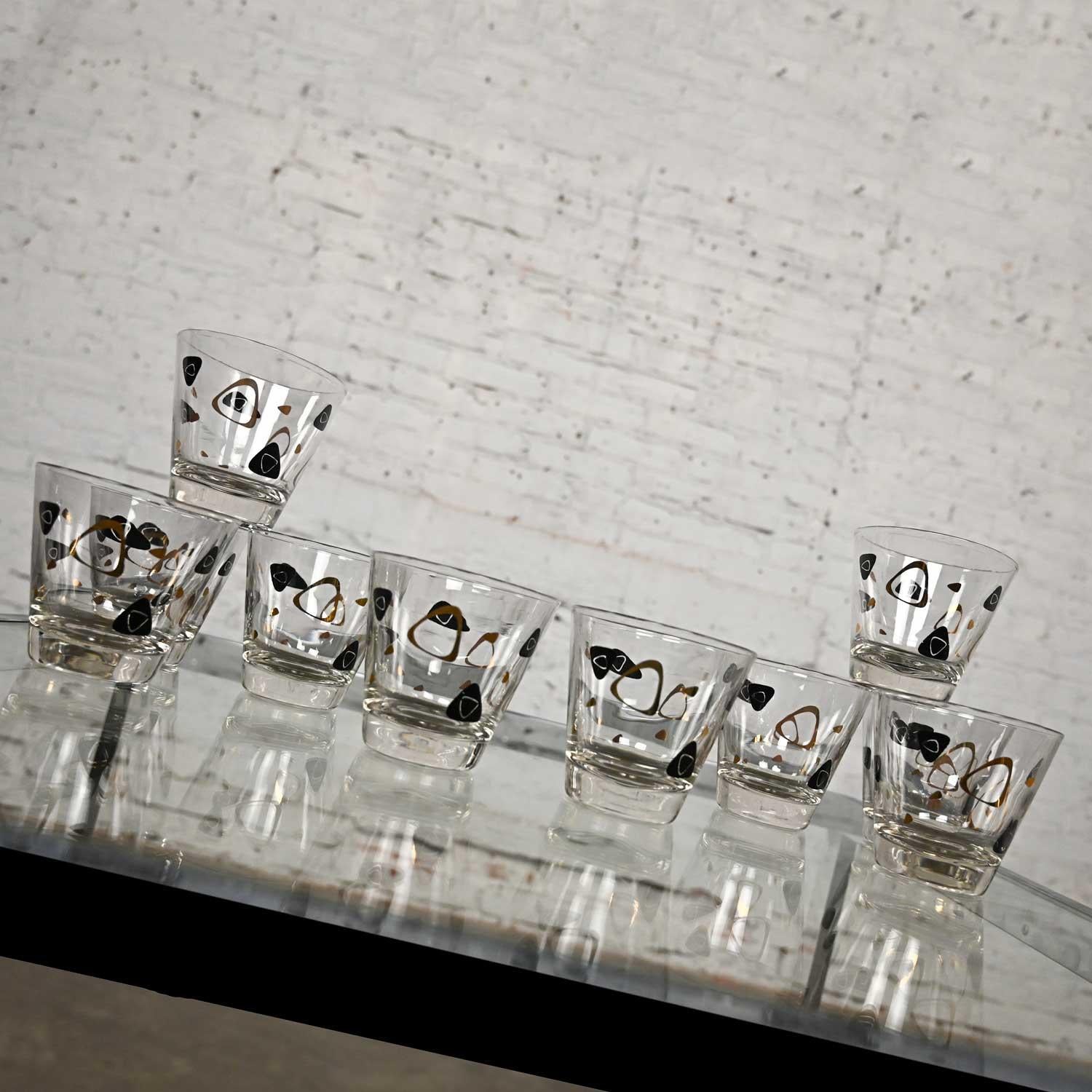20ième siècle Set de 10 verres Manhattan MCM Federal Glass Fantasy Black & 22 Karat Gold des années 1950 en vente