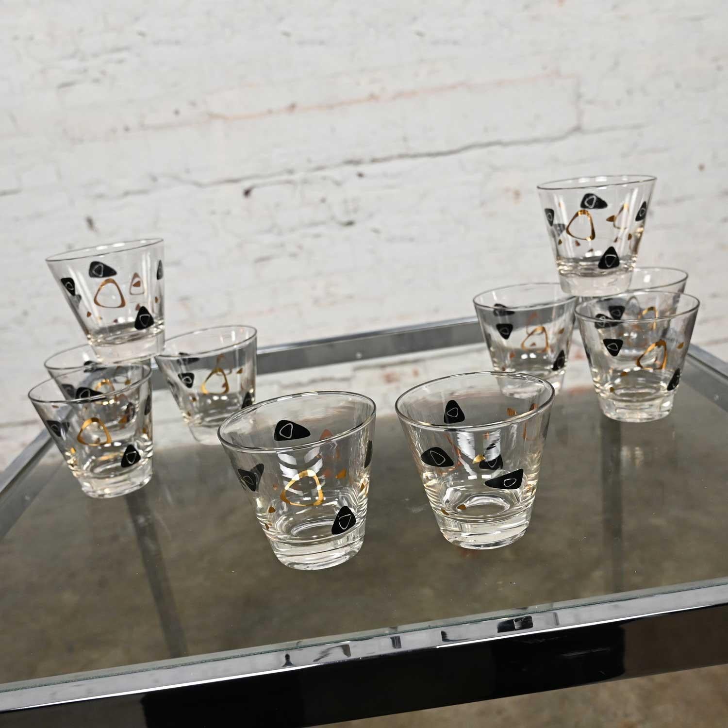 Or Set de 10 verres Manhattan MCM Federal Glass Fantasy Black & 22 Karat Gold des années 1950 en vente