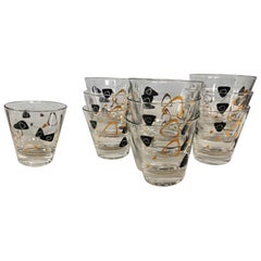 1950s MCM Federal Glass Fantasy Black & 22 Karat Gold Manhattan Glasses Set 10