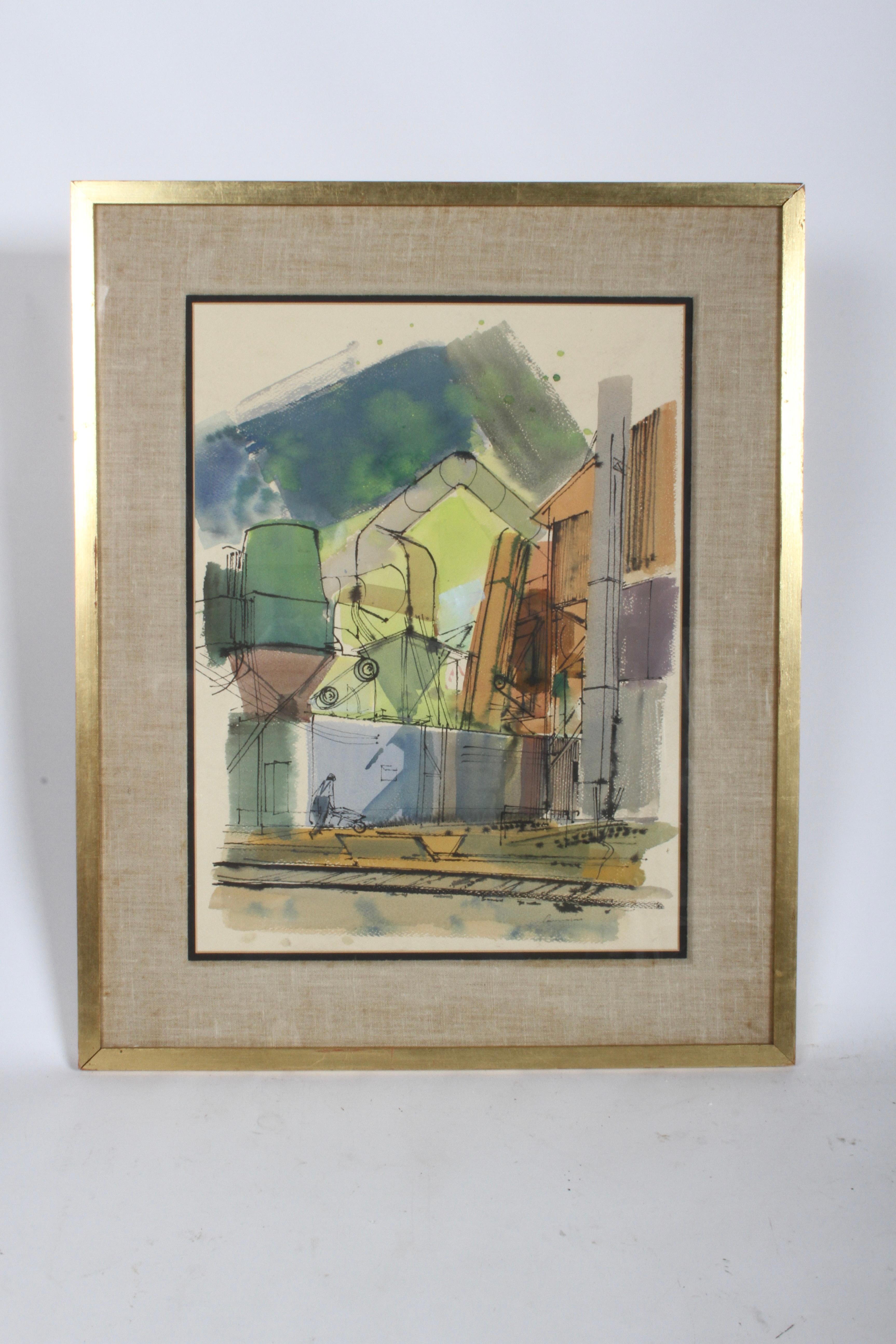 Colorful Mid-Century Architectural or Industrial manufacturing scene watercolor of a plant , illustrating the building , smokestack, hoppers , railroad tracks and man pushing wheelbarrow. In older gold frame, with double mat. Art dims 16
