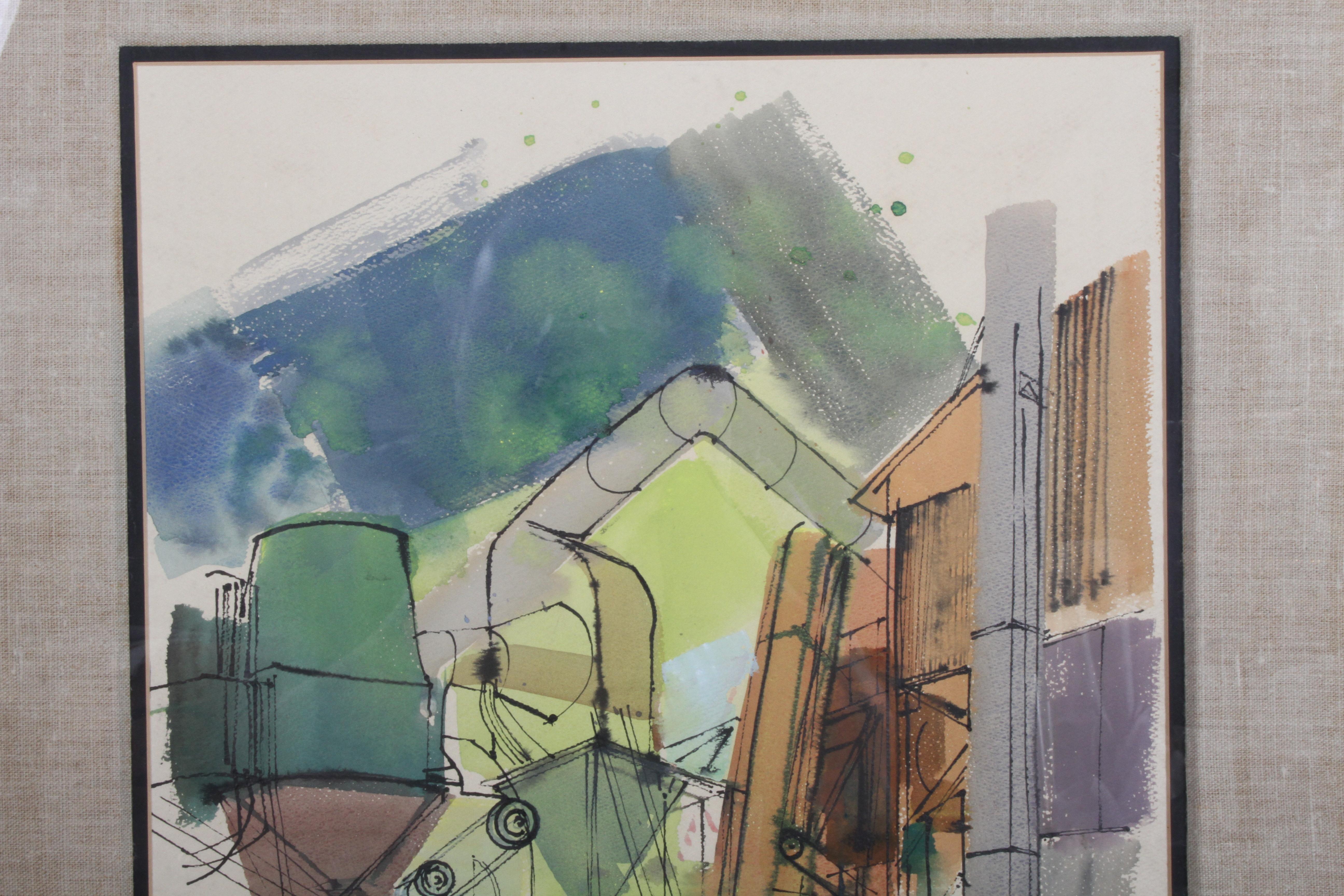 Expressionist 1950s MCM Industrial Plant Scene Artist Signed Watercolor - Smokestack Railroad