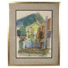 1950s MCM Scène d'usine industrielle Aquarelle signée par l'artiste - Chemin de fer à cheminée