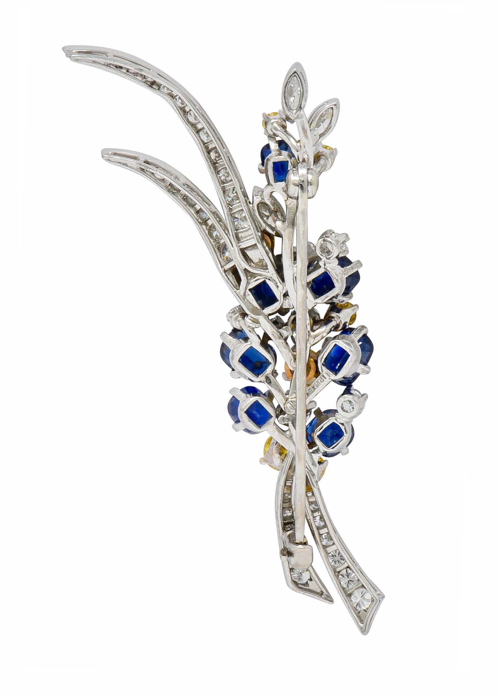 Retro 1950s McTeigue Sapphire Yellow and White Diamond Platinum Foliate Brooch