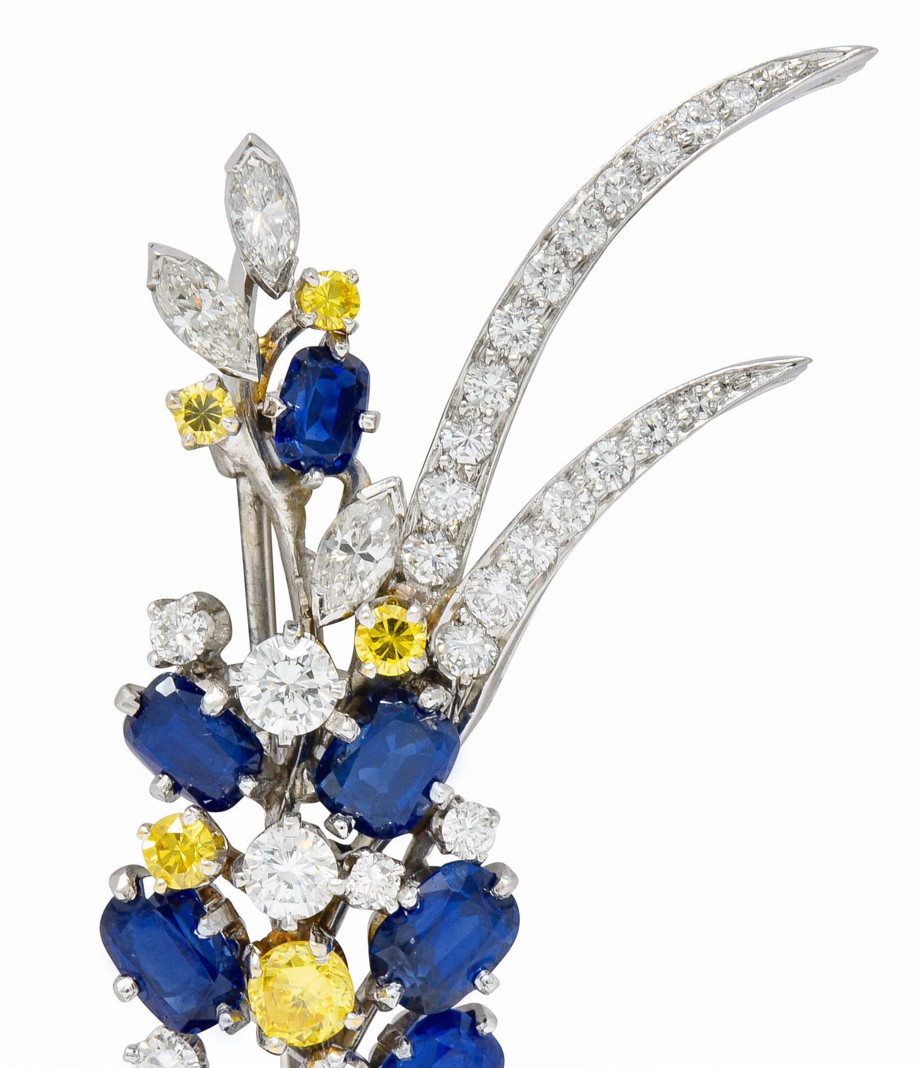 1950s McTeigue Sapphire Yellow and White Diamond Platinum Foliate Brooch In Excellent Condition In Philadelphia, PA