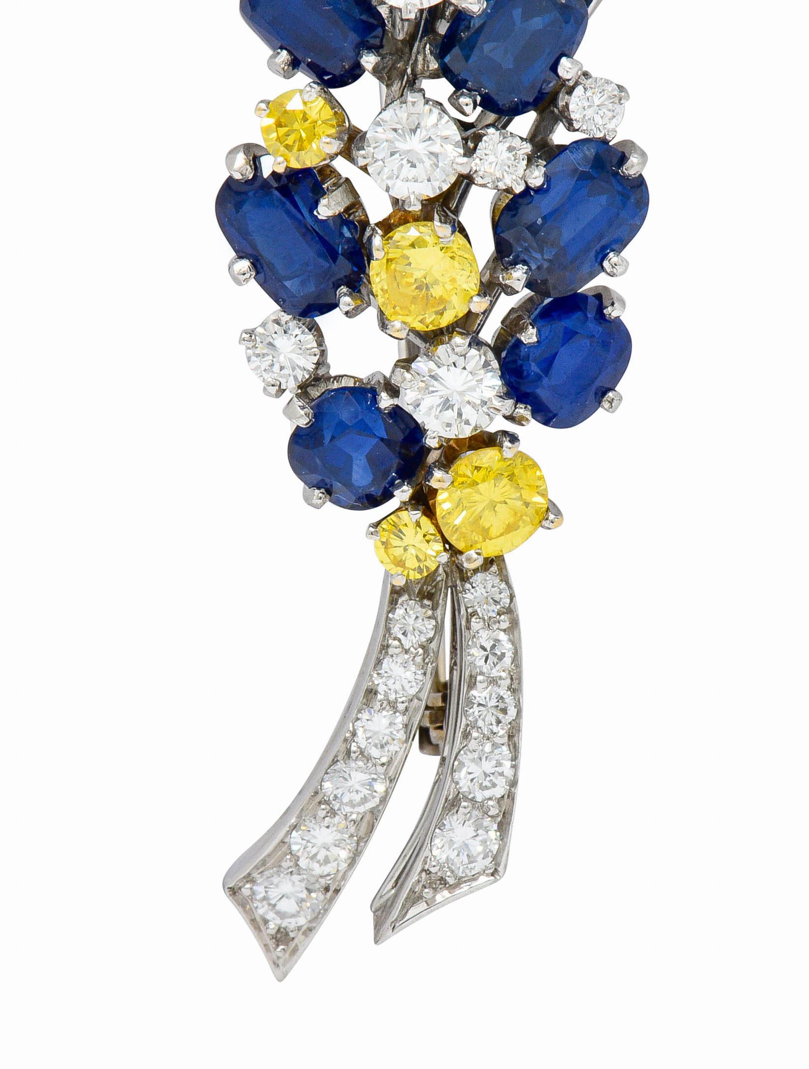 Women's or Men's 1950s McTeigue Sapphire Yellow and White Diamond Platinum Foliate Brooch