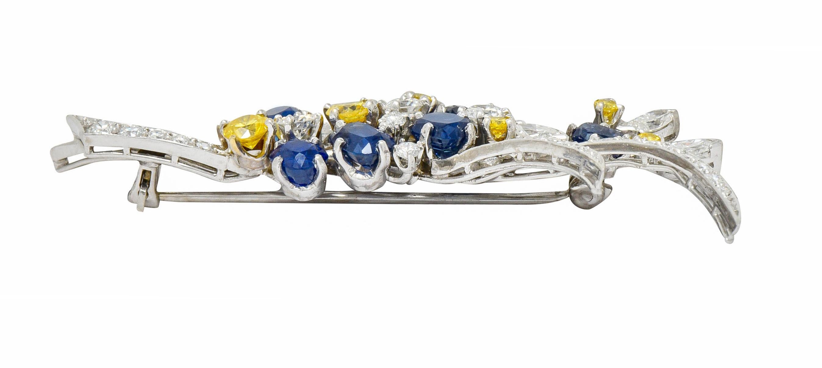 1950s McTeigue Sapphire Yellow and White Diamond Platinum Foliate Brooch 3