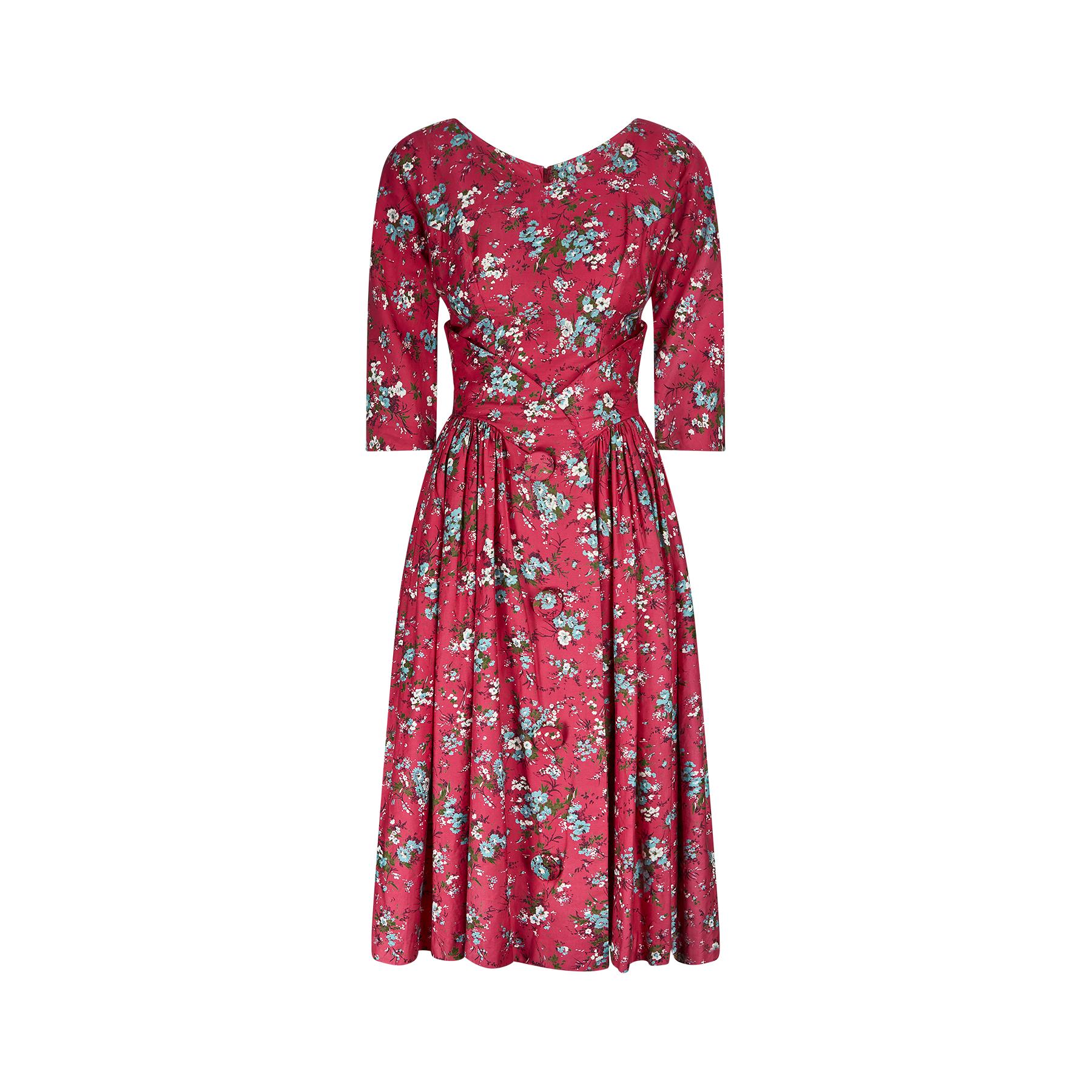 Pink 1950s Melbray Floral Print Cotton Dress For Sale