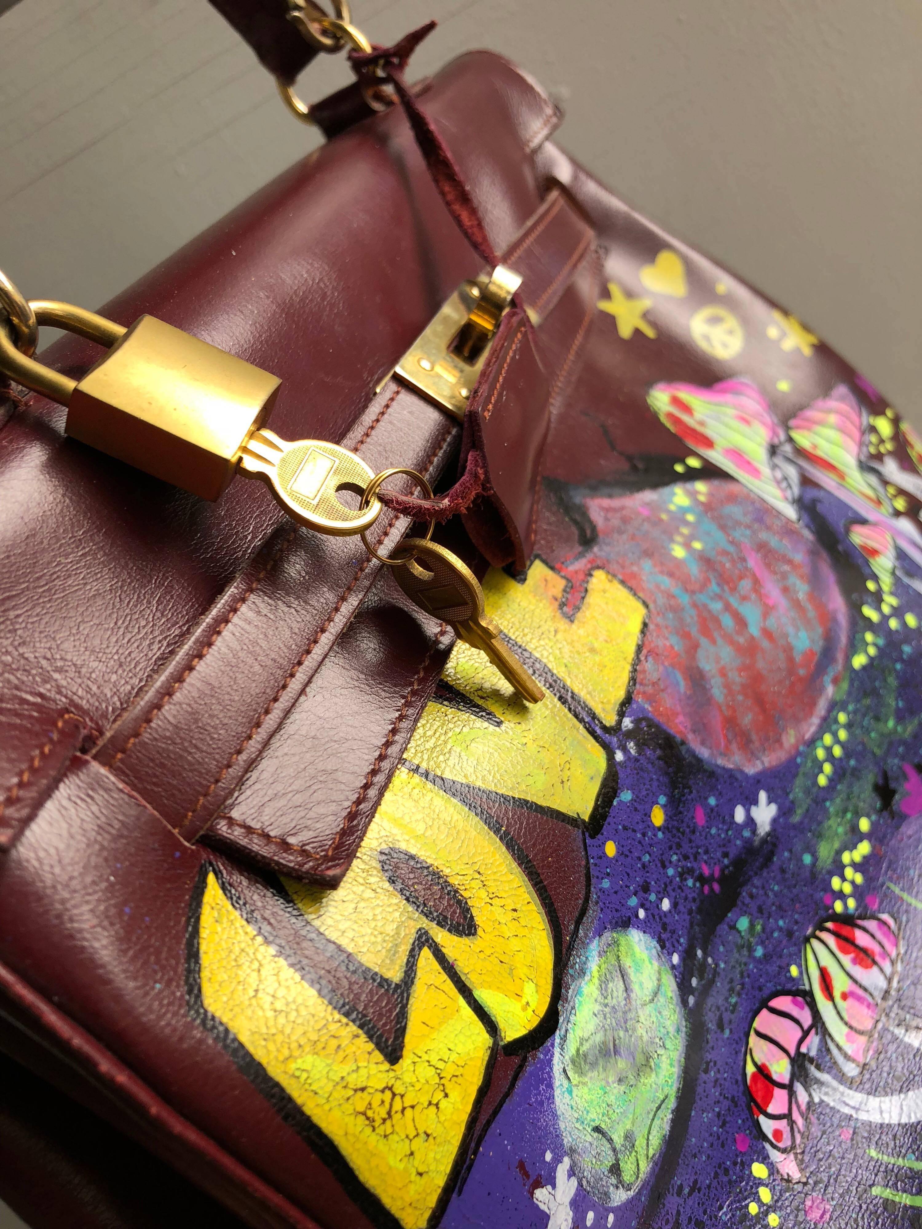Merlot Leather Bag With Custom LOVE Graffiti Art, 1950s In Excellent Condition For Sale In Gresham, OR