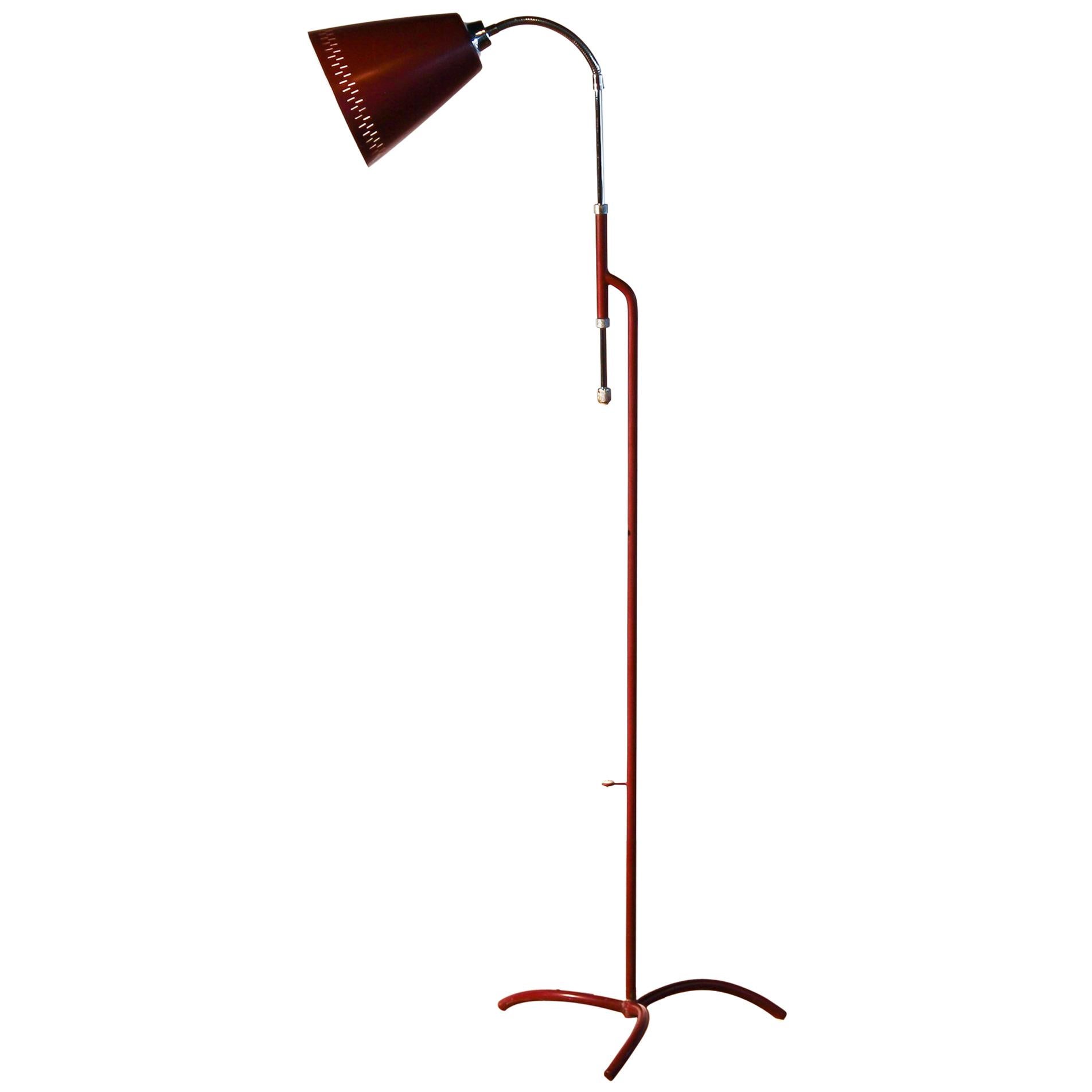 1950s, Metal and Brass Red Floor Lamp by Hans Bergström