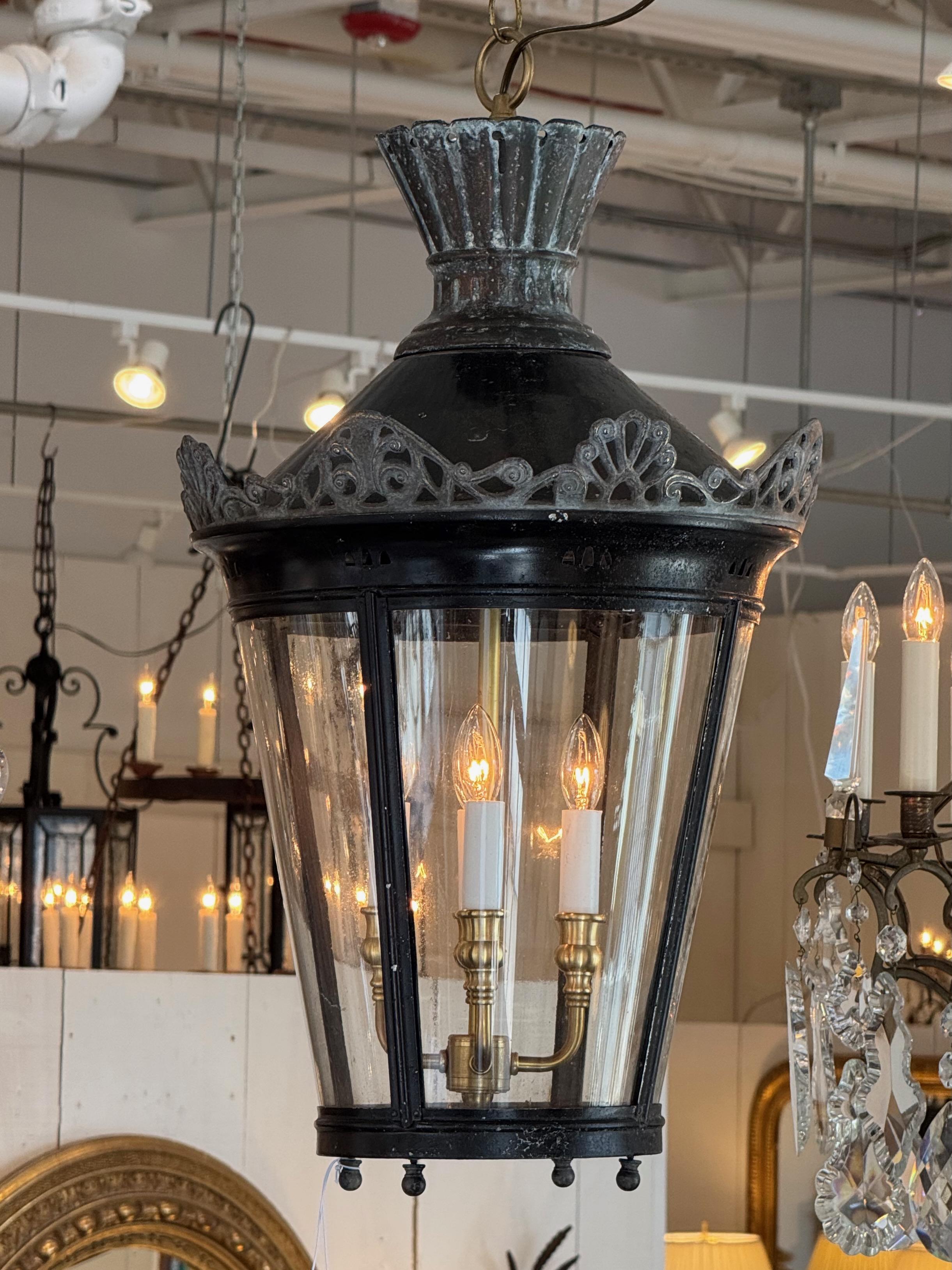 1950s Metal and Glass Lantern With Brass Interior In Good Condition For Sale In Charlottesville, VA