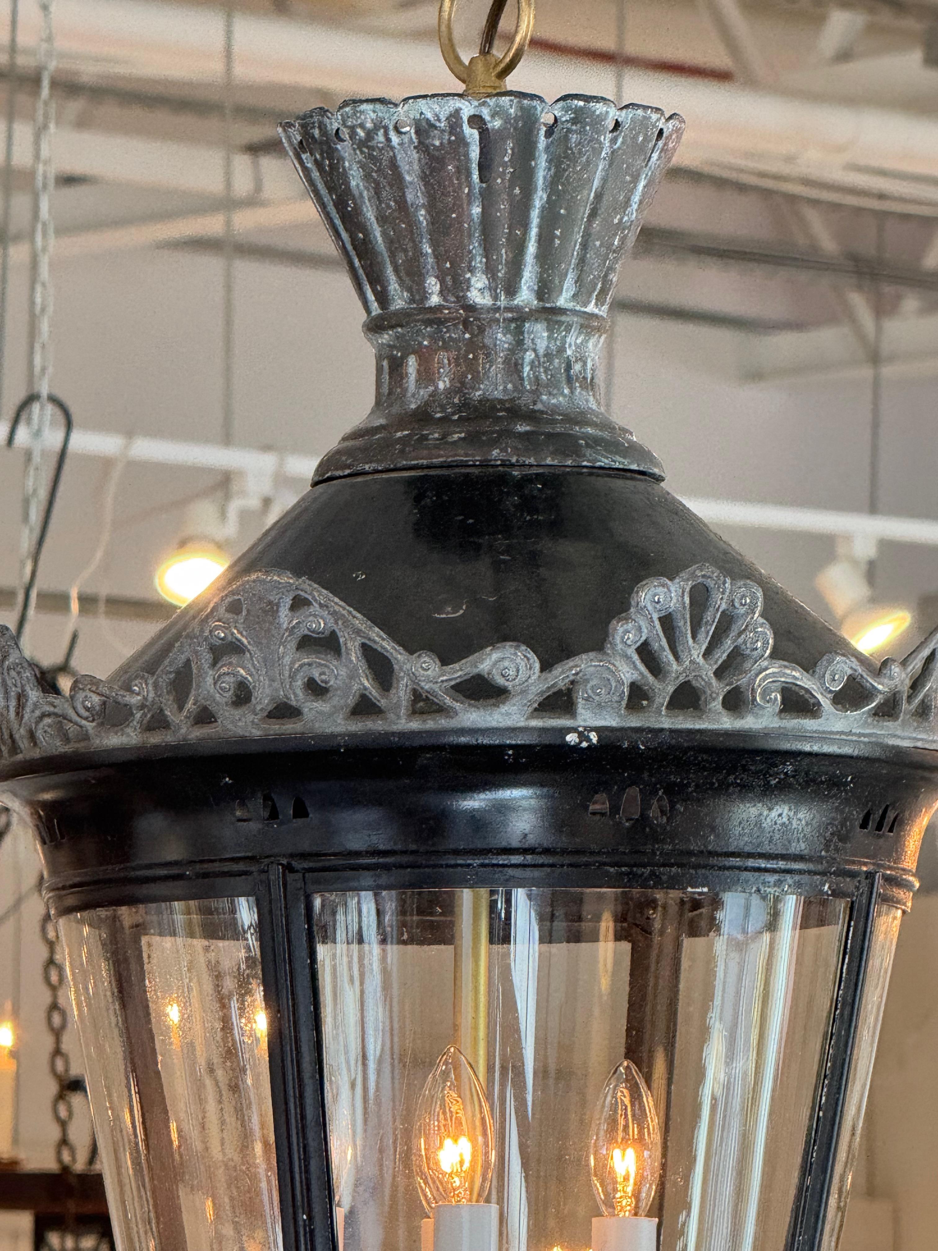 Mid-20th Century 1950s Metal and Glass Lantern With Brass Interior For Sale