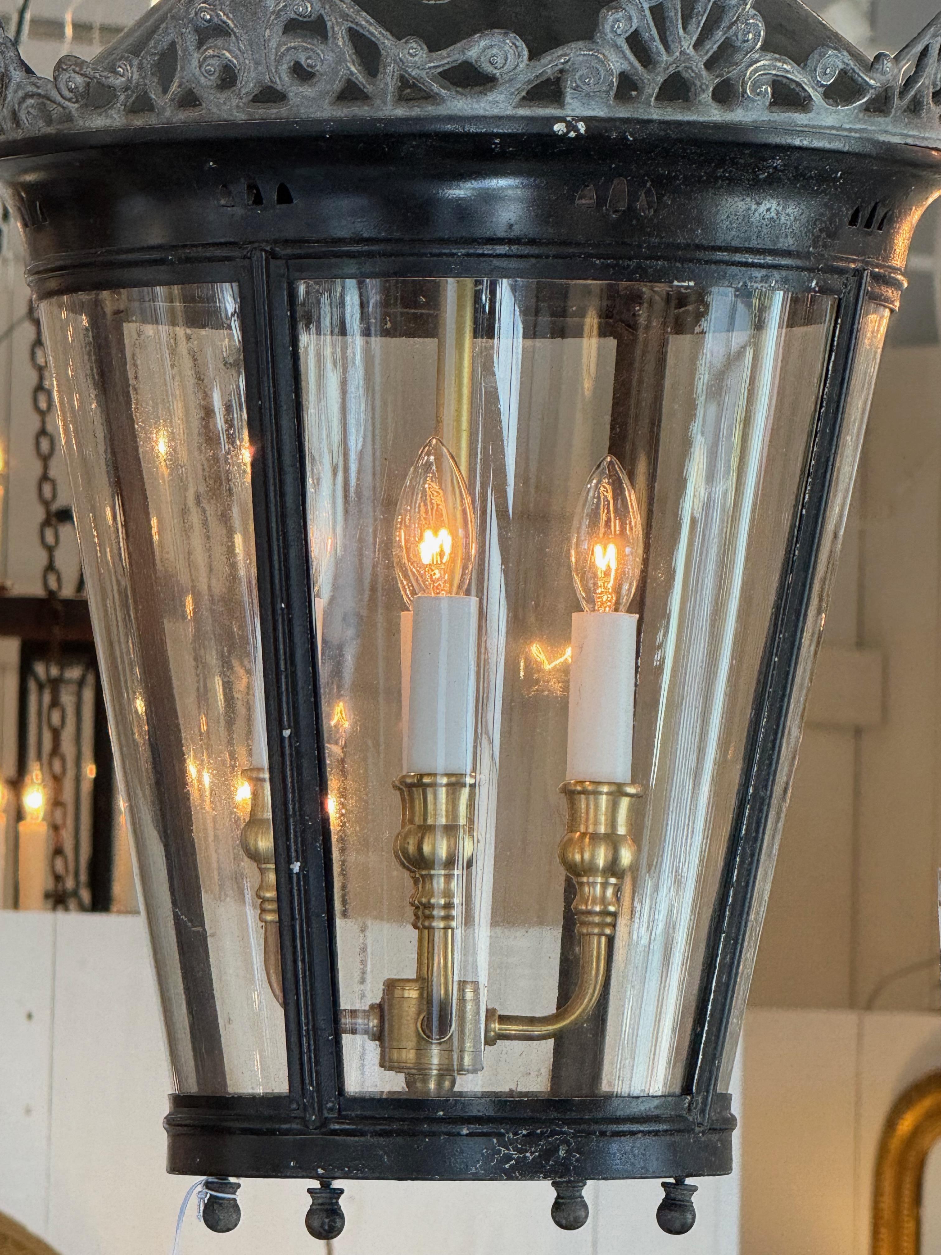 1950s Metal and Glass Lantern With Brass Interior For Sale 1