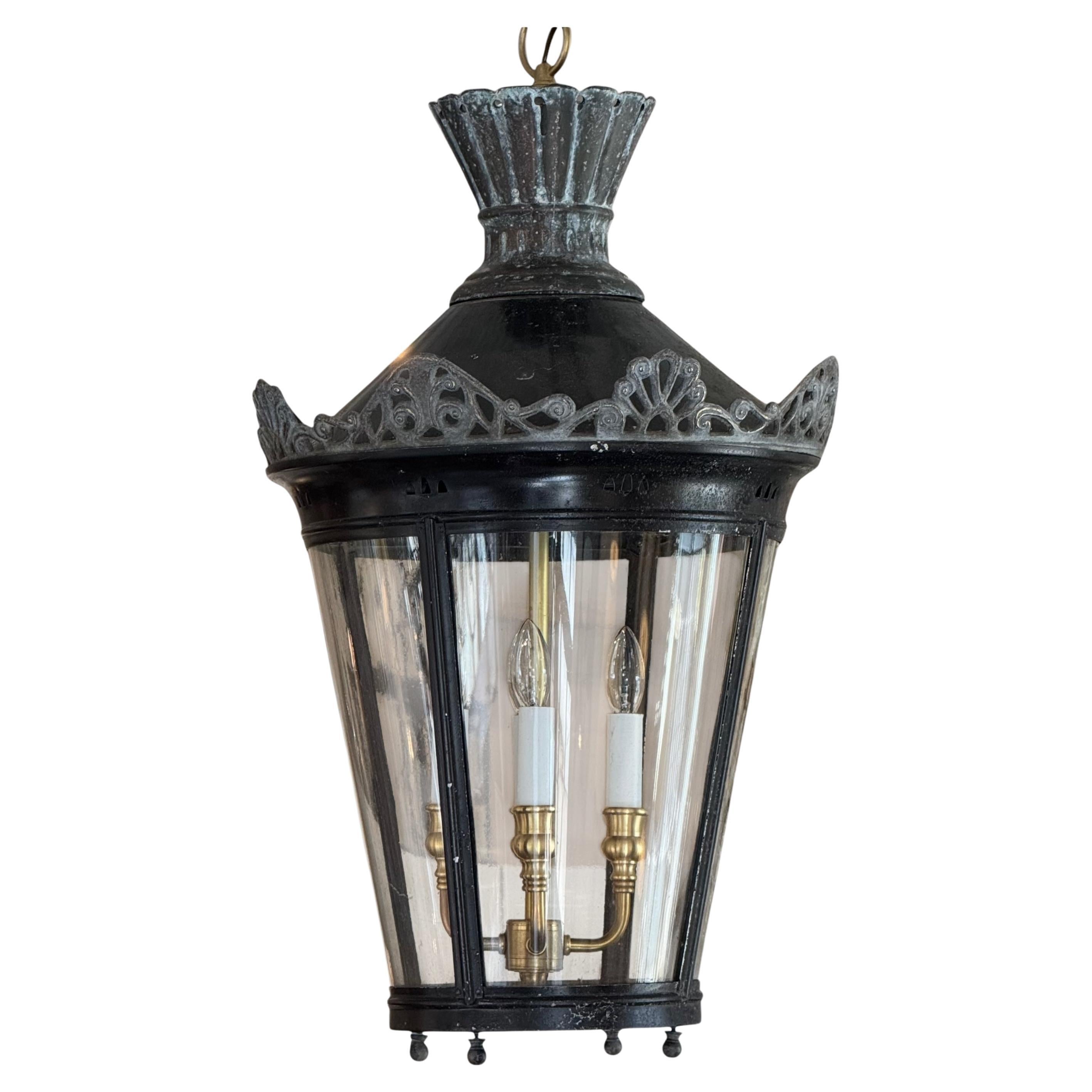 1950s Metal and Glass Lantern With Brass Interior