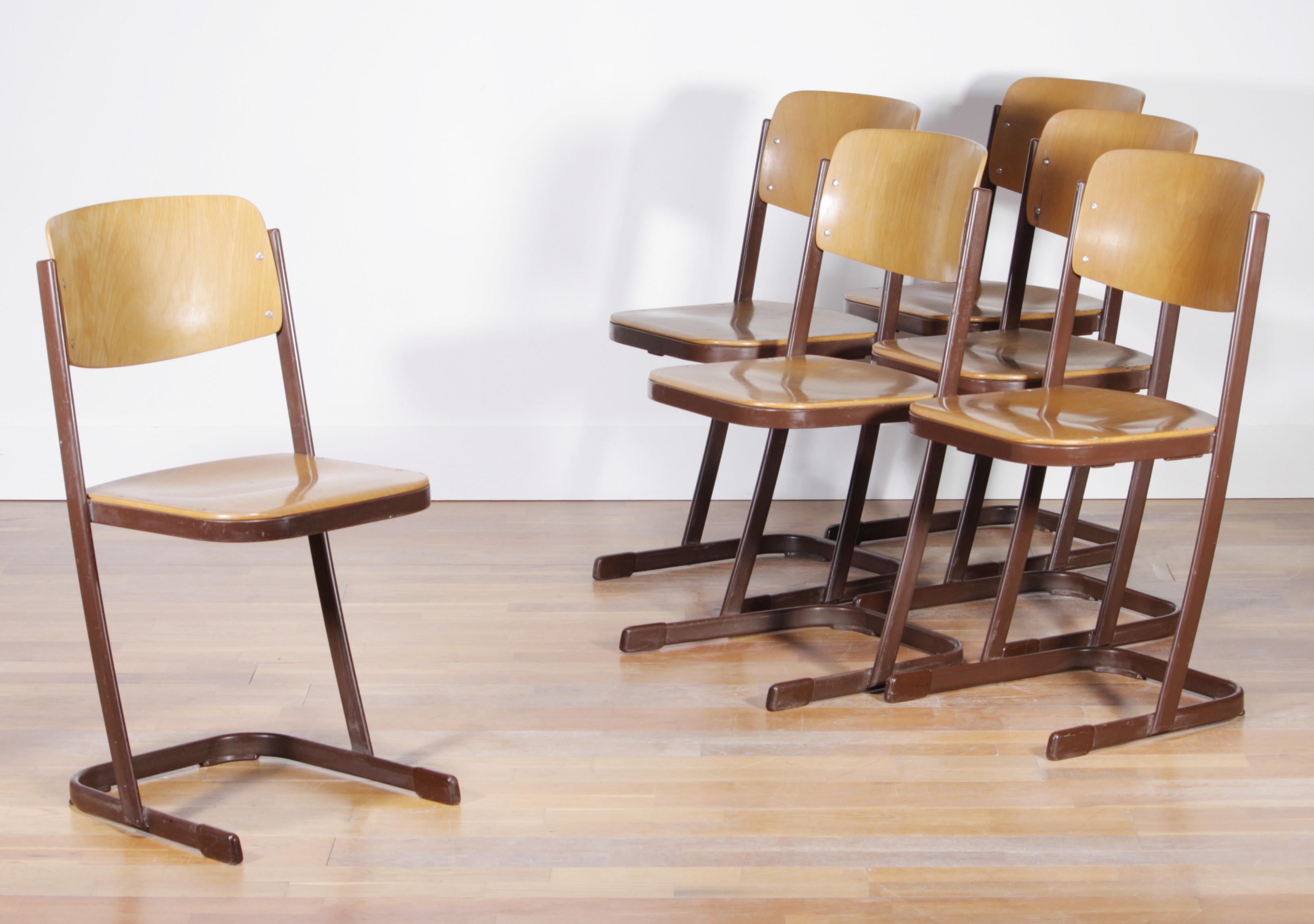 Beautiful set of six school chairs.
These chairs are produced in the Netherlands.
They are in a very nice vintage condition.
Period 1950s
Dimensions: H 81 cm, W 41 cm, D 42 cm, SH 46 cm.
      