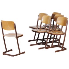 1950s, Metal and Wood Set of Six Dutch School Chairs