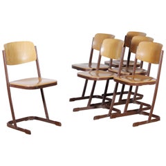 Antique 1950s, Metal and Wood Set of Six Dutch School Chairs