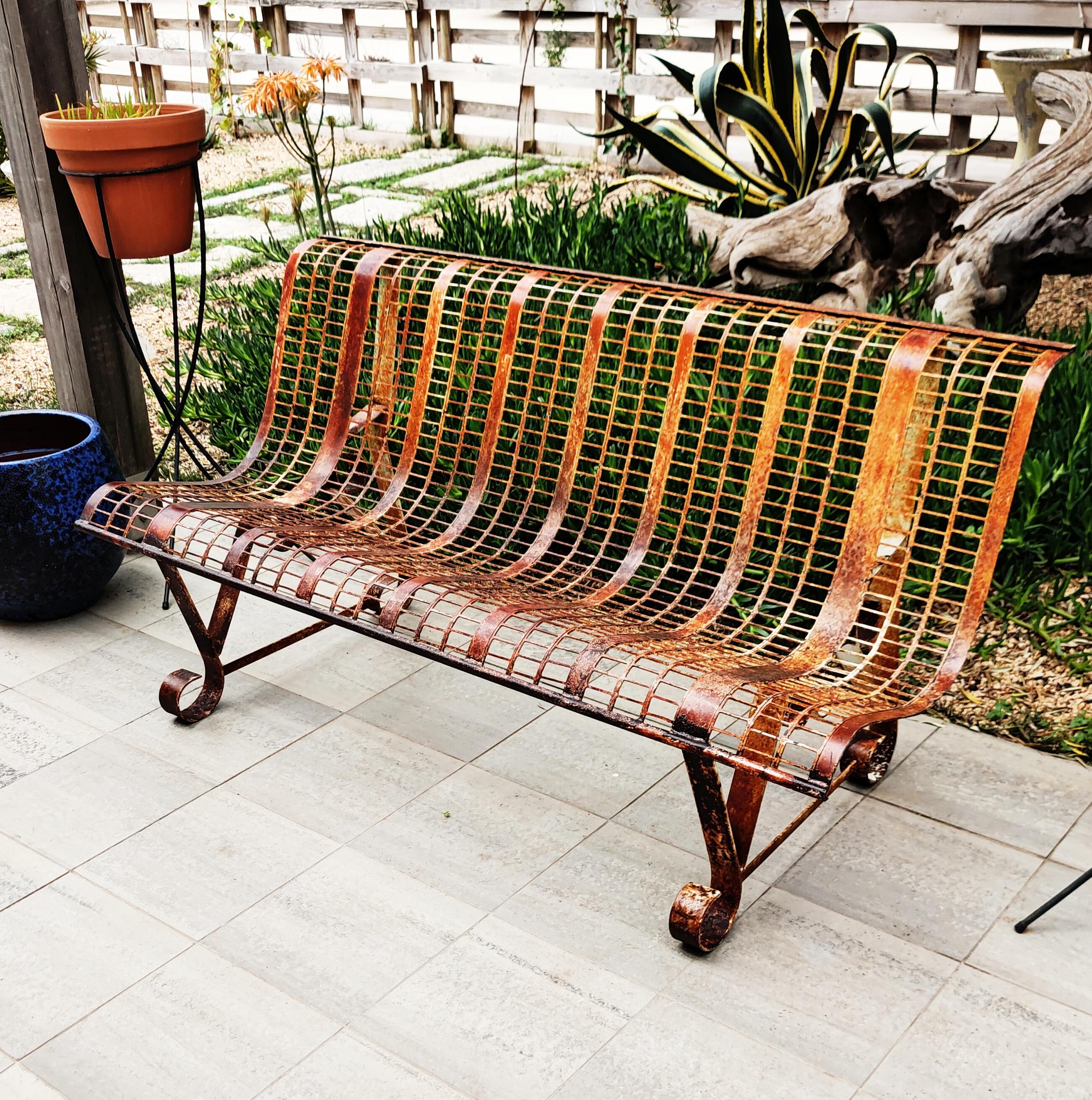 Rare and beautiful metal bench with an incredible patina, manufactured in Spain in 1950s. Fully varnished to keep this magnificent patina. In very good vintage condition.