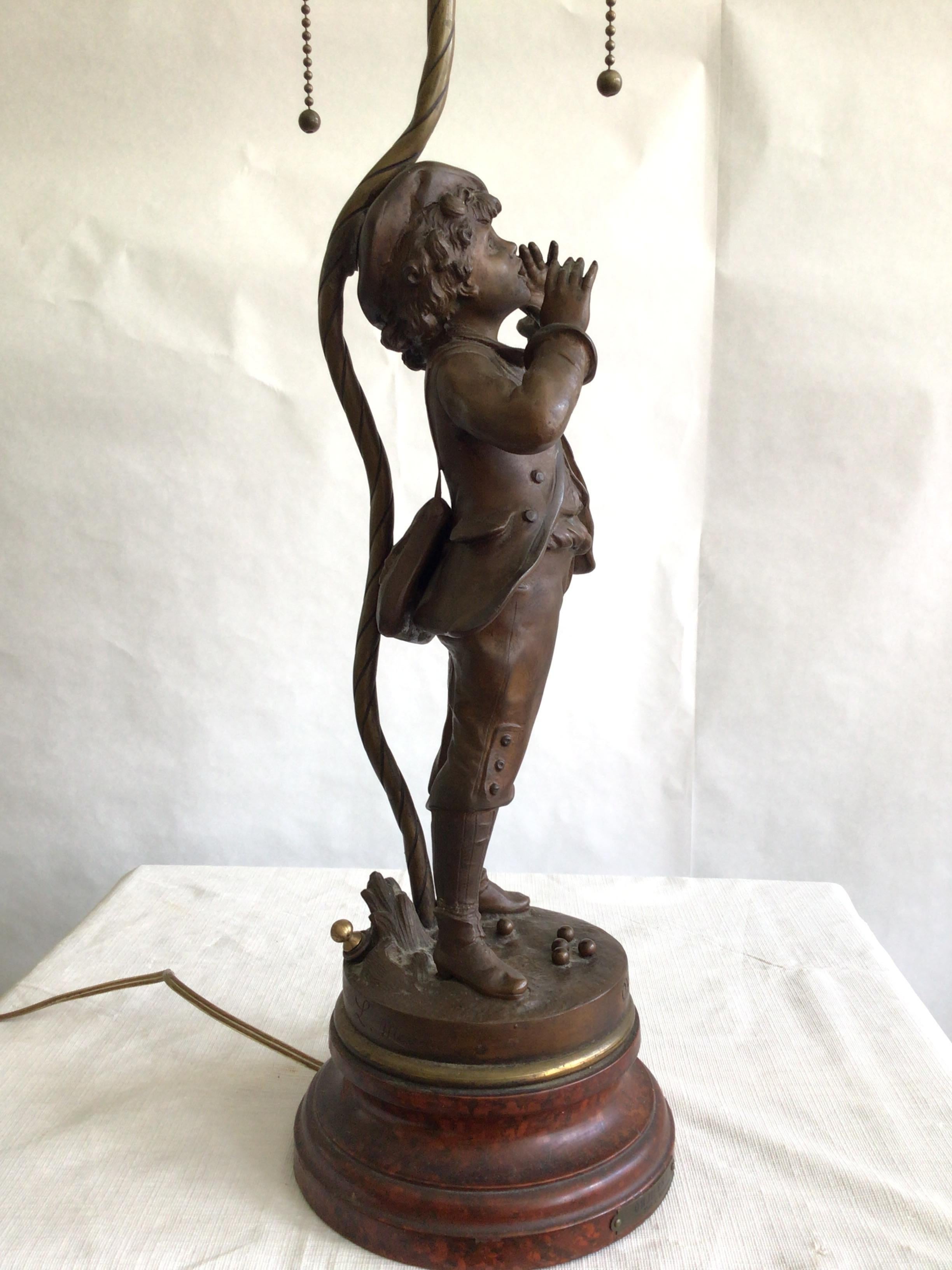 1950s Metal Sculpture Table Lamp Of A Boy Bellowing In Good Condition For Sale In Tarrytown, NY