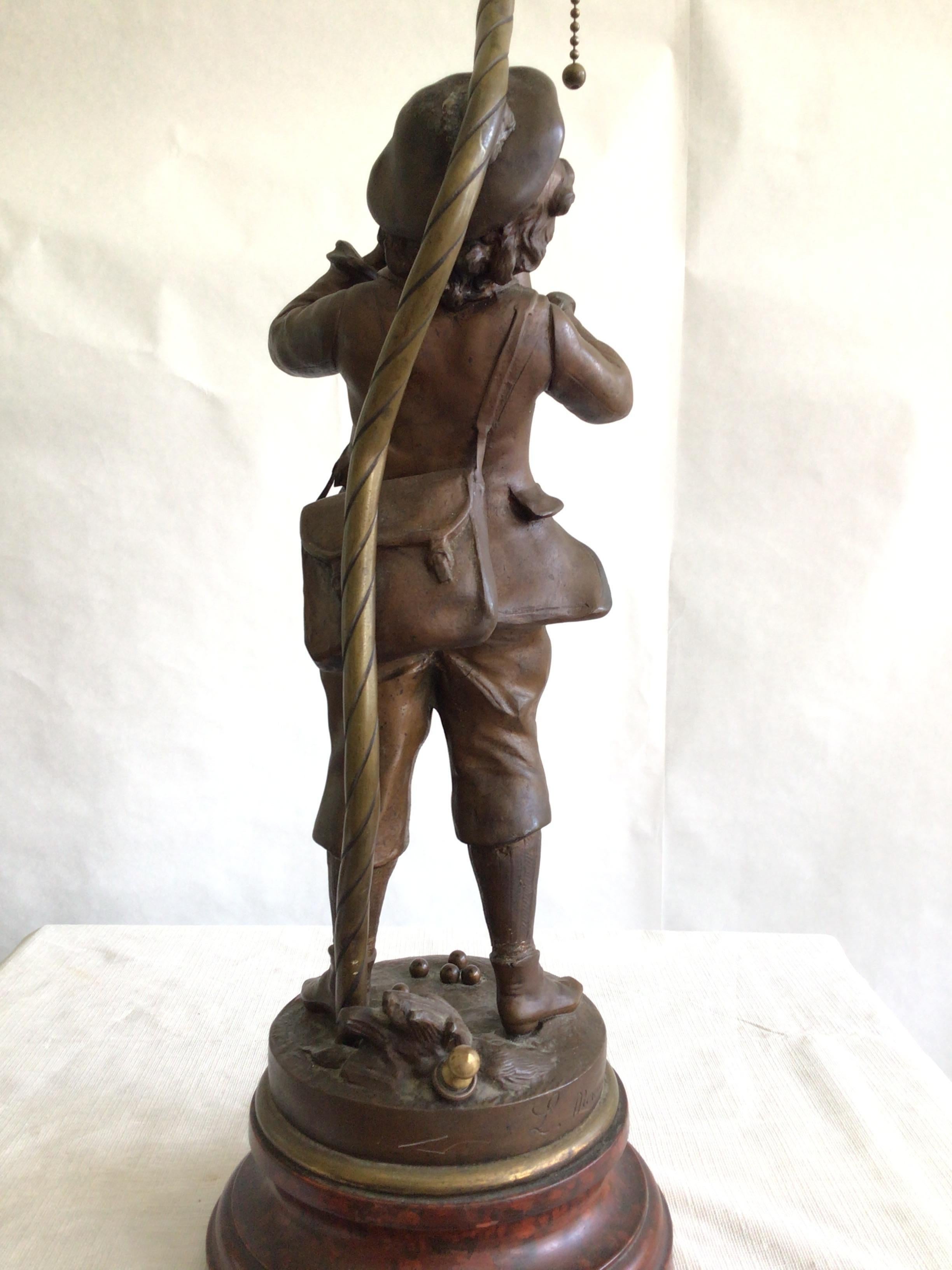 Spelter 1950s Metal Sculpture Table Lamp Of A Boy Bellowing For Sale