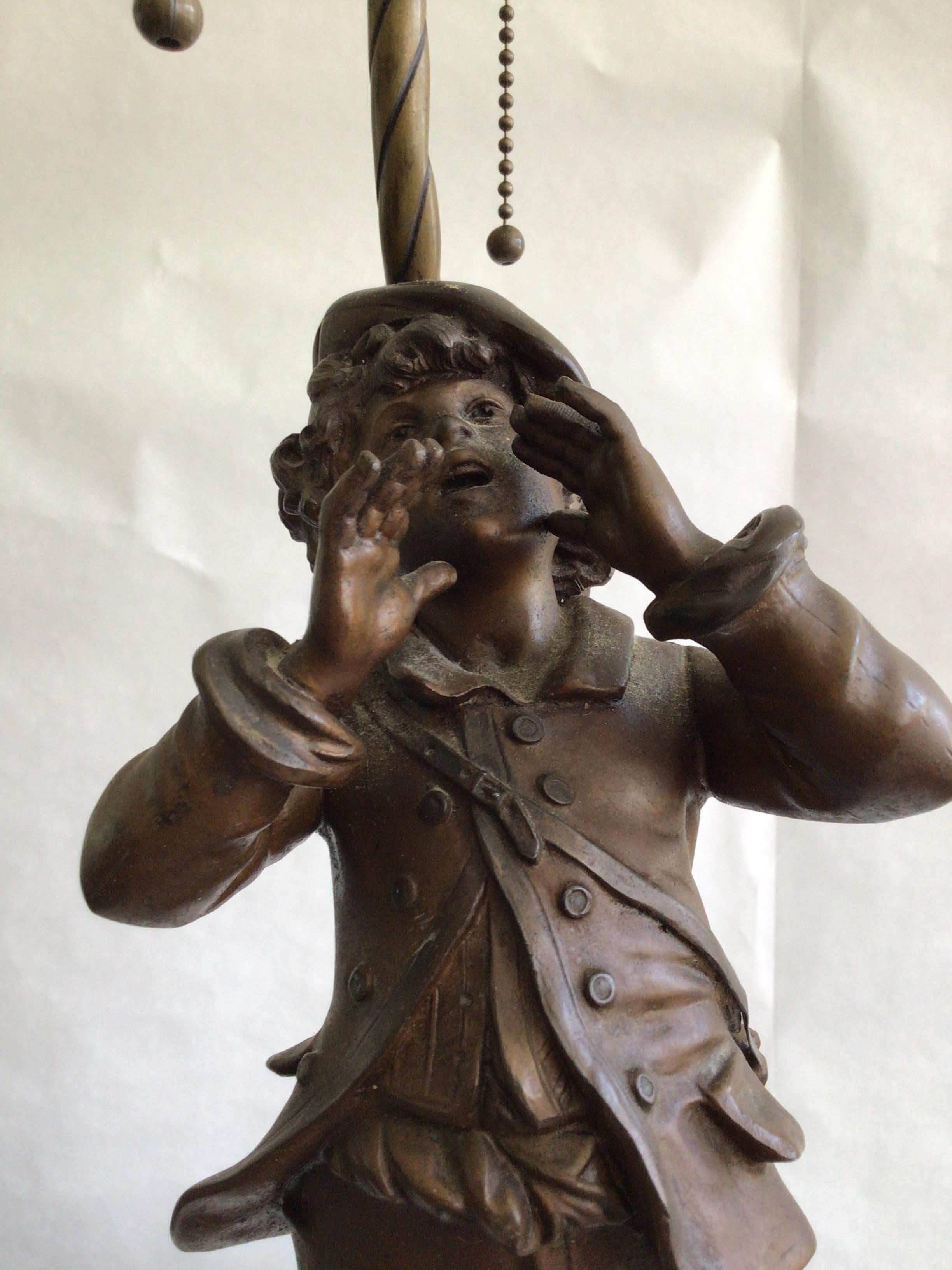 1950s Metal Sculpture Table Lamp Of A Boy Bellowing For Sale 1