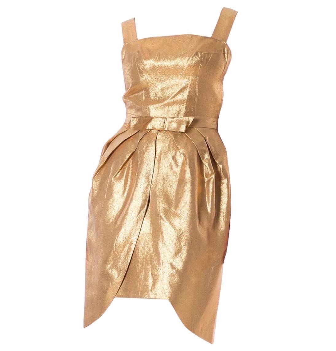 Women's 1950S Metallic Acetate & Lurex Gold Lamé Cocktail Dress With Detachable Peplum  For Sale