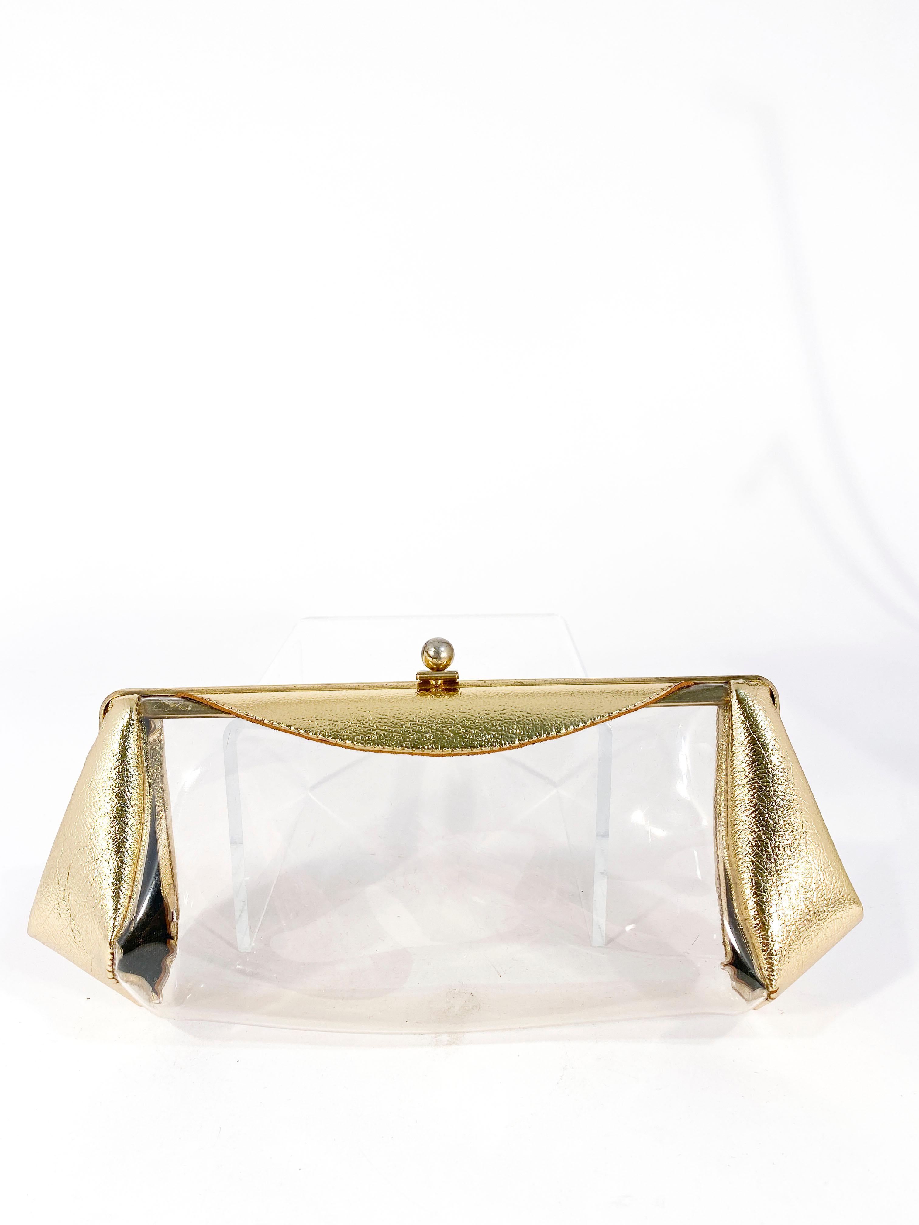 Beige 1950s Metallic Gold and Clear Plastic Clutch For Sale
