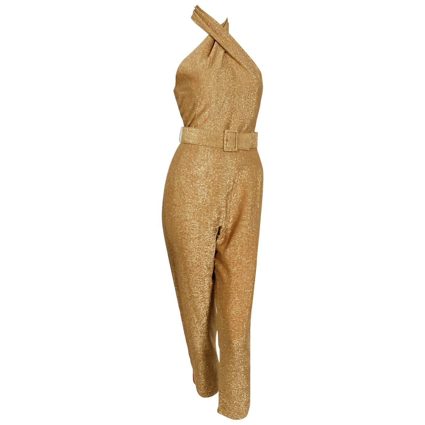 1950
s Metallic-Gold Lurex Halter Blouse 
Capri Pants Belted Jumpsuit Ensemble