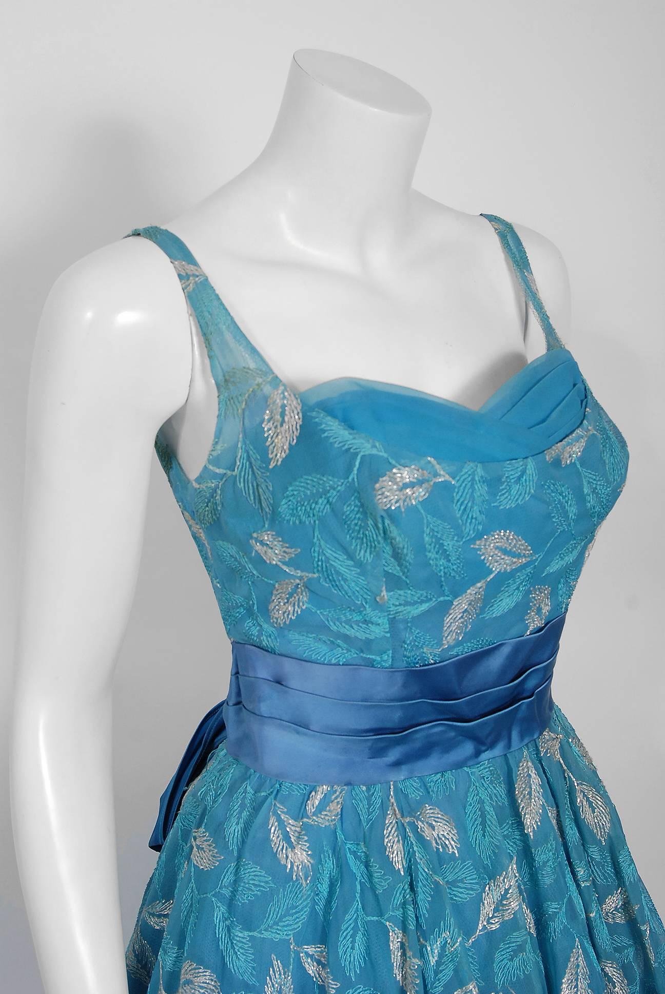 Vintage 1950's Metallic Leaves Embroidered Blue Chiffon Sash-Bow Party Dress In Good Condition In Beverly Hills, CA