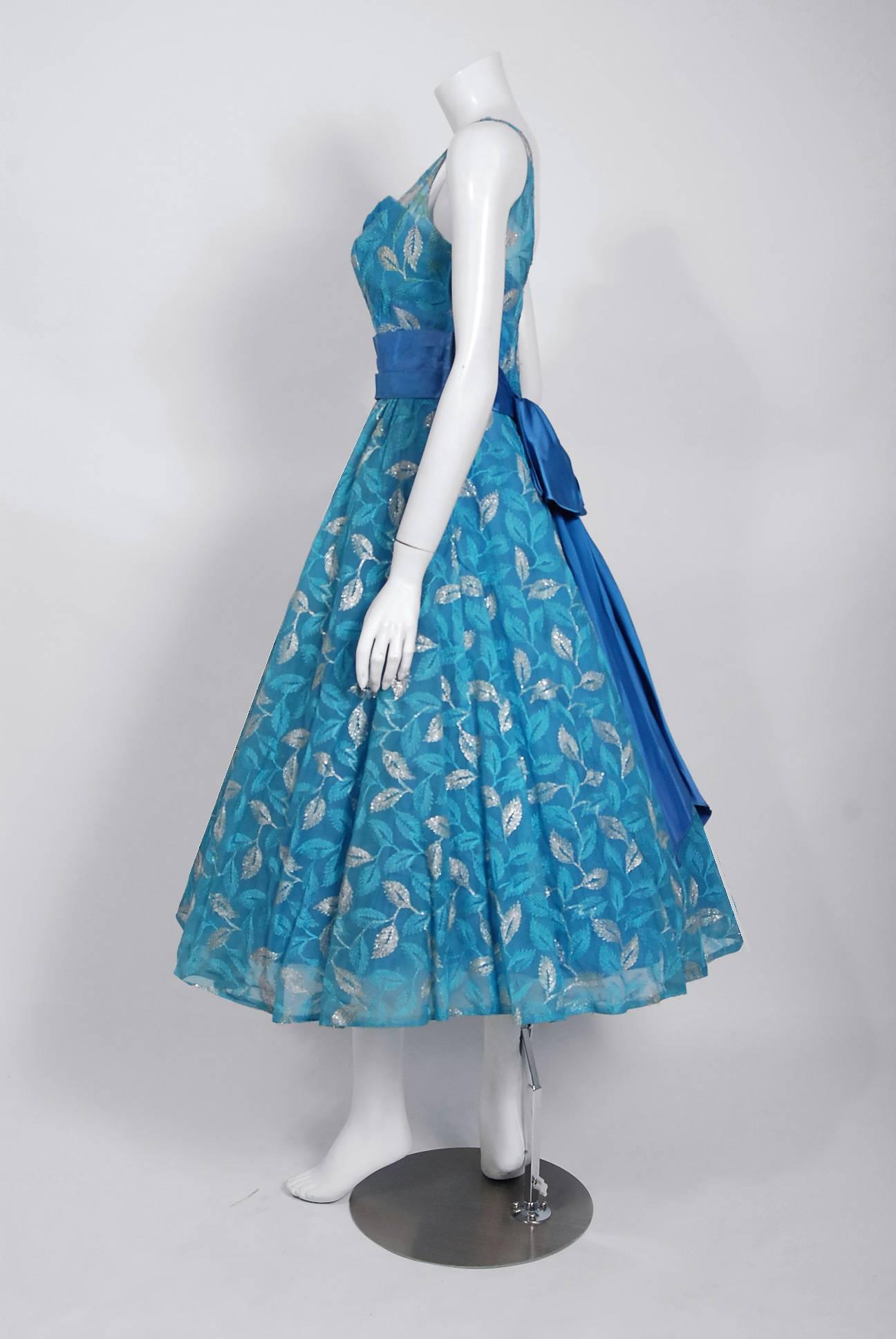 Vintage 1950's Metallic Leaves Embroidered Blue Chiffon Sash-Bow Party Dress 1