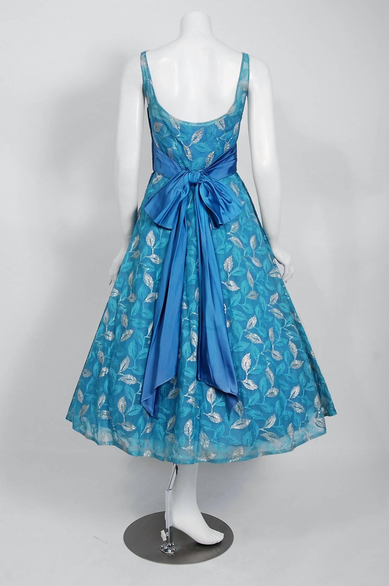 Vintage 1950's Metallic Leaves Embroidered Blue Chiffon Sash-Bow Party Dress 2
