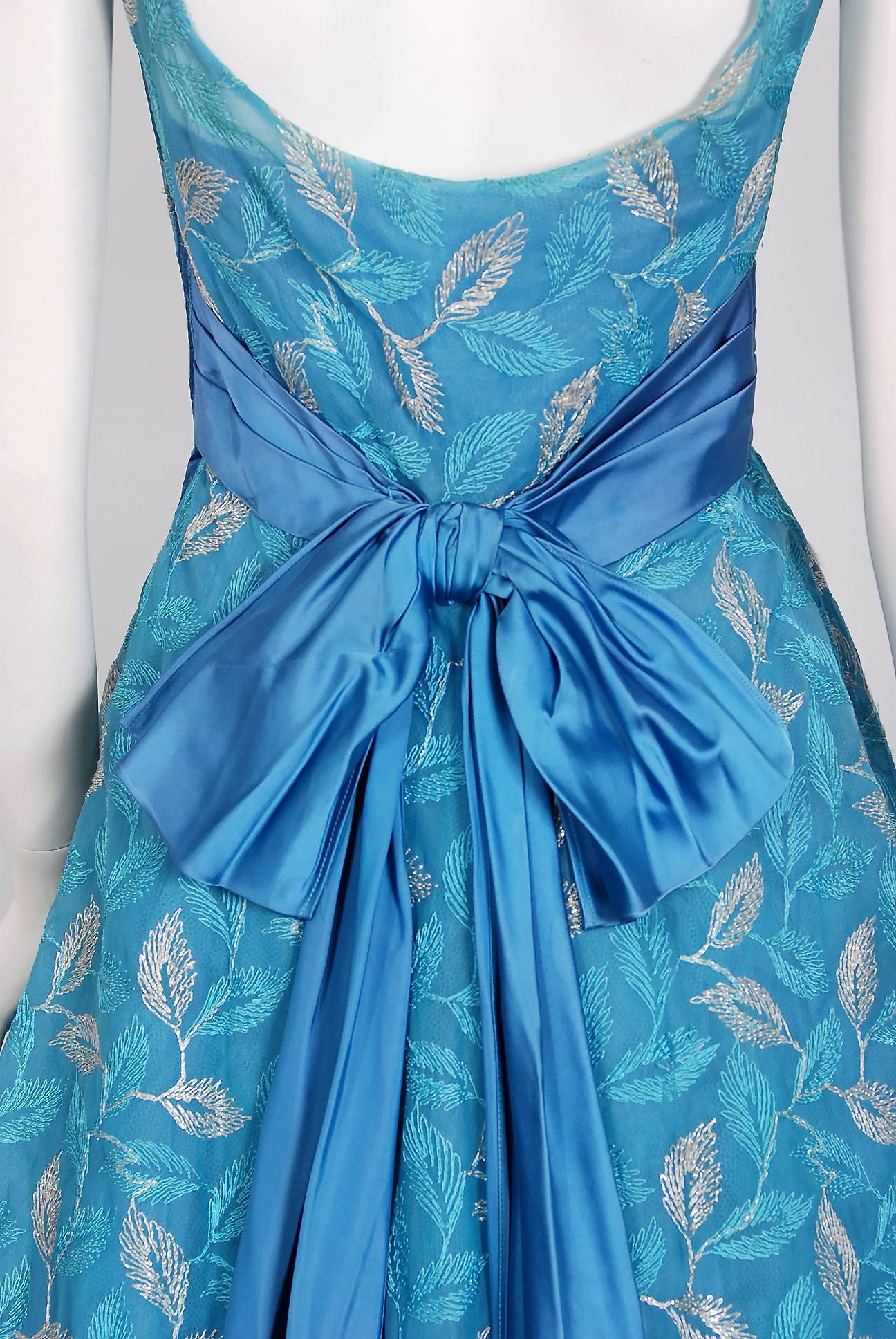 Vintage 1950's Metallic Leaves Embroidered Blue Chiffon Sash-Bow Party Dress 3