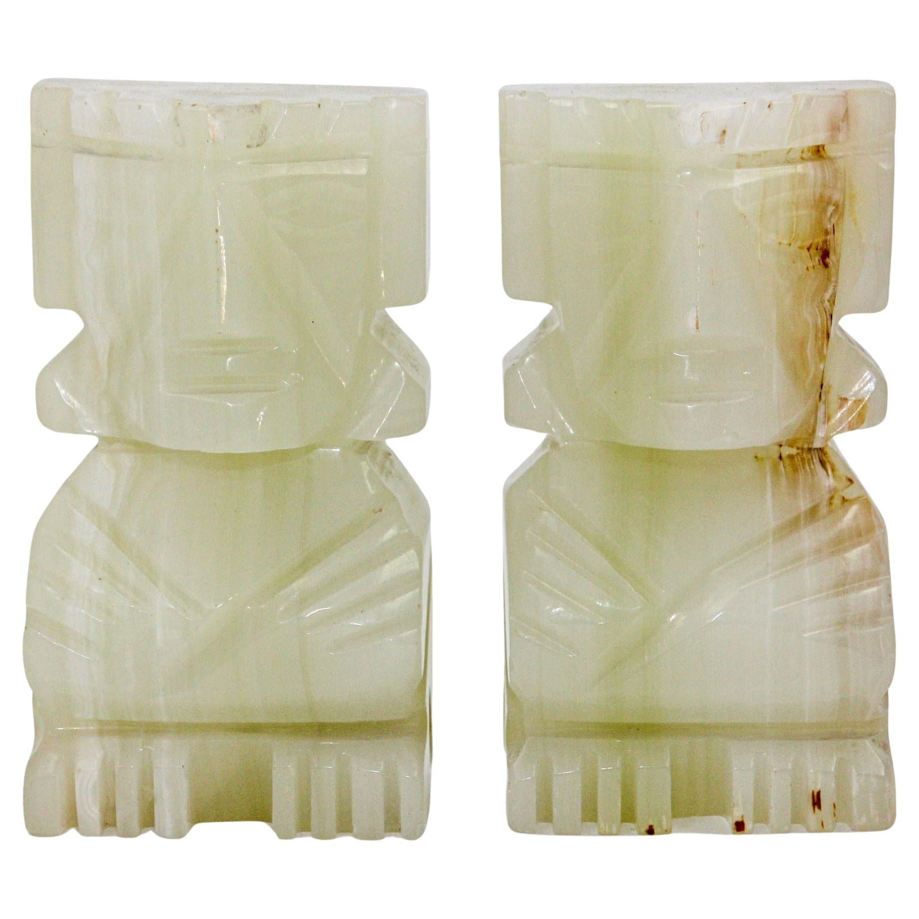 1950s Mexican Aztec Mayan Figure Onyx Stone Pair of Hand-Carved Bookends