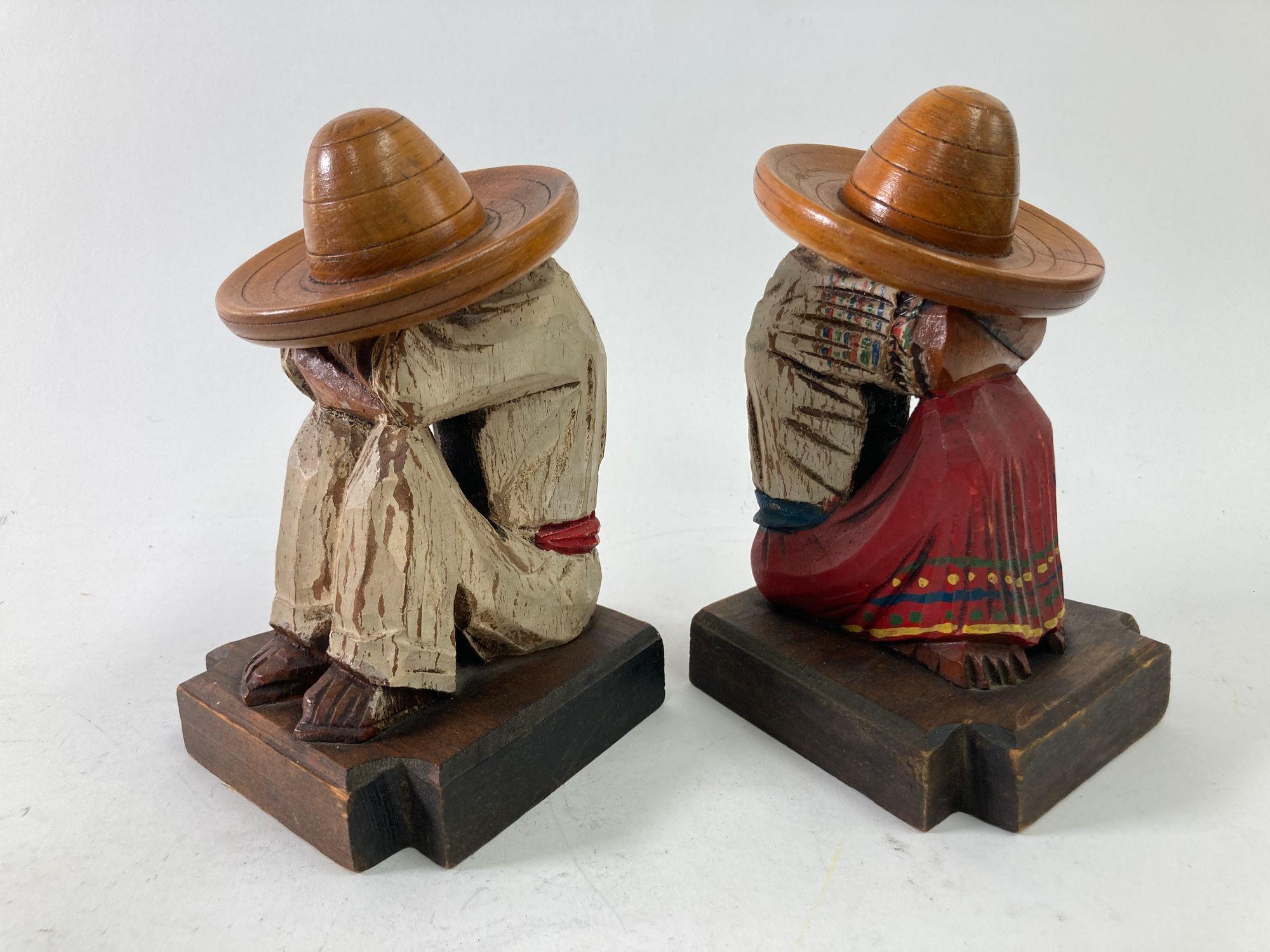 Hand-Carved 1950s Mexican Bookends Siesta Wood Sculpture Polychrome Folk Art