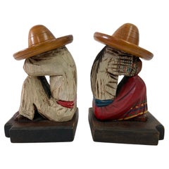 1950s Mexican Bookends Siesta Wood Sculpture Polychrome Folk Art