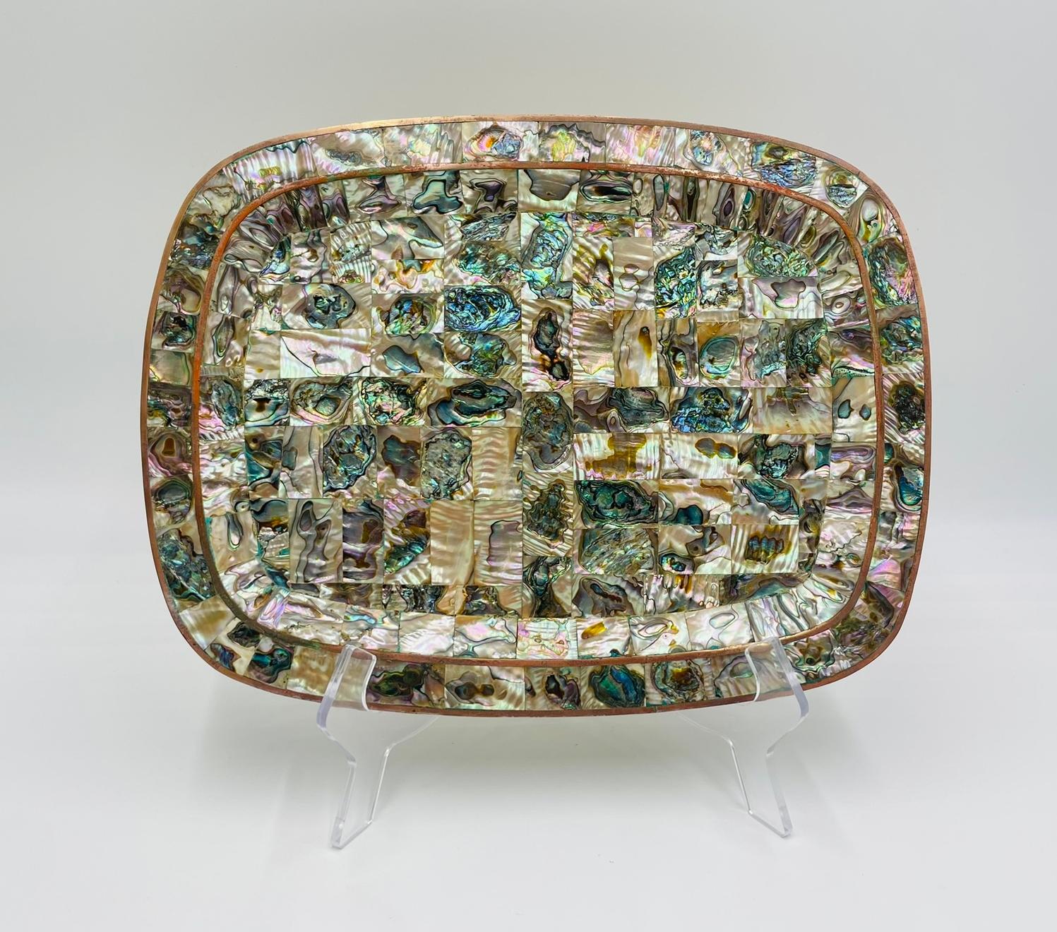 1950s Mexican Brass & Abalone Shell Tray with Five Alpaca Tumblers, Signed LMG For Sale 4