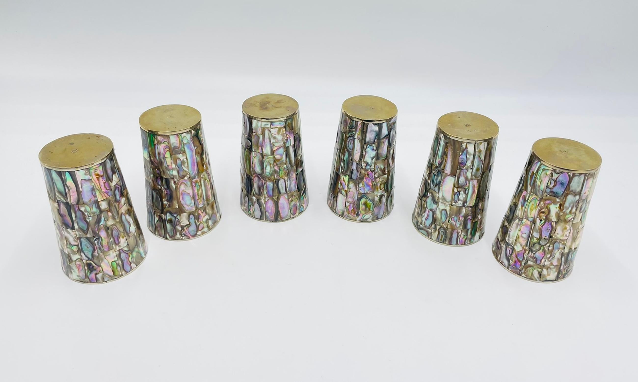 1950s Mexican Brass & Abalone Shell Tray with Five Alpaca Tumblers, Signed LMG For Sale 5