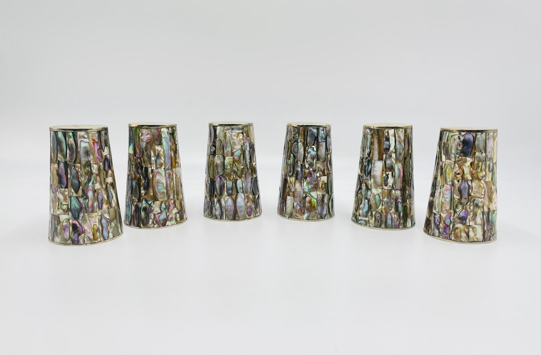 1950s Mexican Brass & Abalone Shell Tray with Five Alpaca Tumblers, Signed LMG For Sale 6