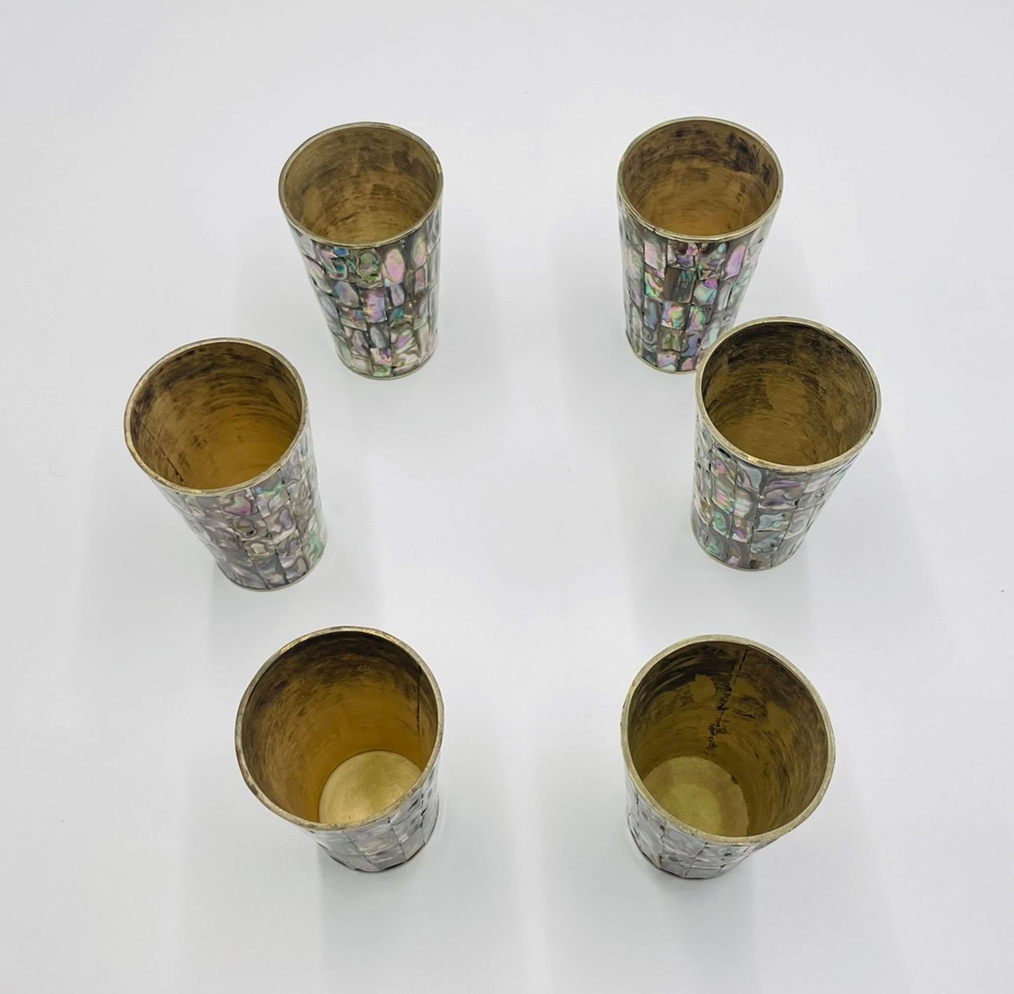 1950s Mexican Brass & Abalone Shell Tray with Five Alpaca Tumblers, Signed LMG For Sale 7