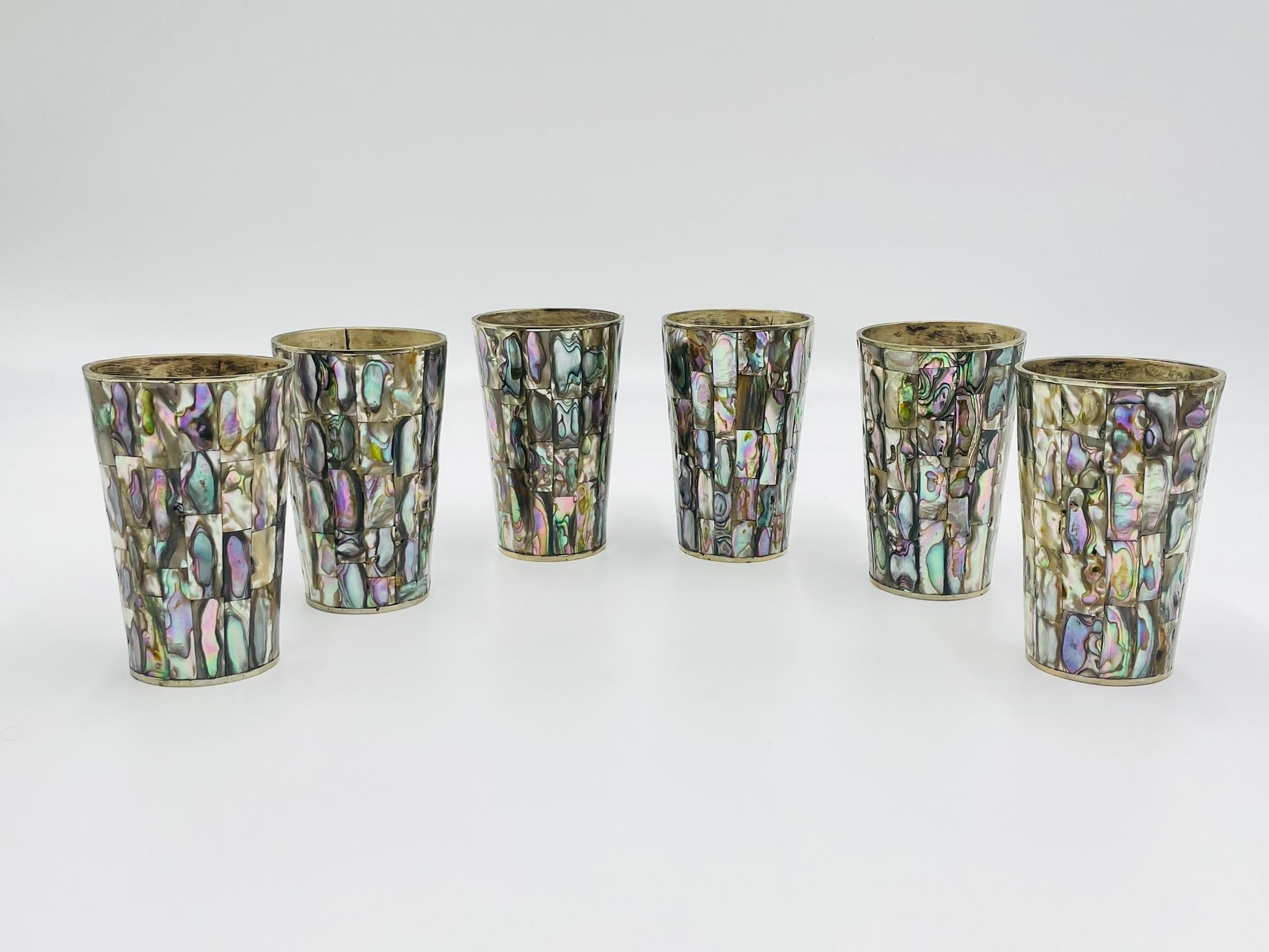 1950s Mexican Brass & Abalone Shell Tray with Five Alpaca Tumblers, Signed LMG For Sale 8