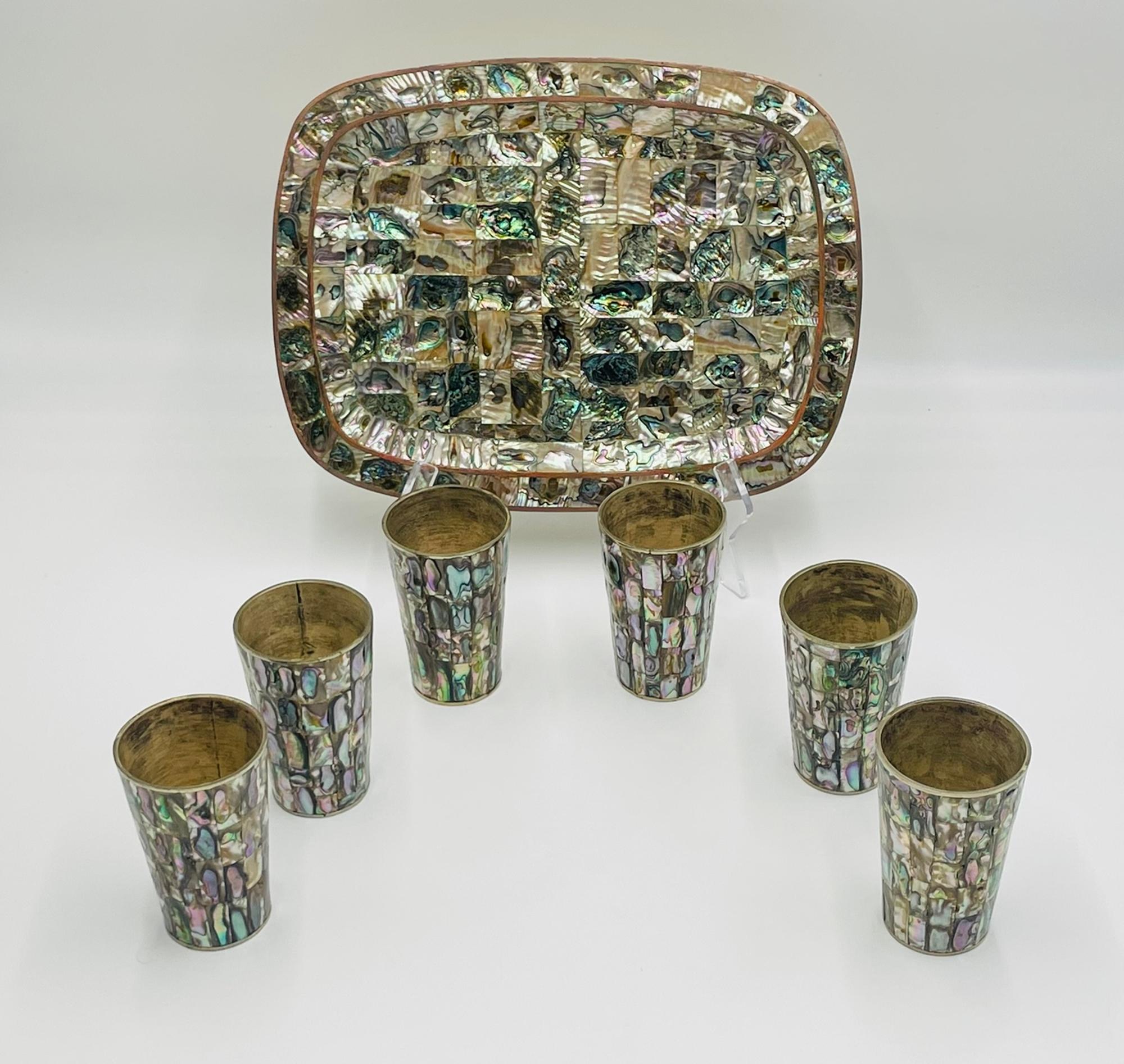 1950s Mexican Brass & Abalone Shell Tray with Five Alpaca Tumblers, Signed LMG For Sale 9