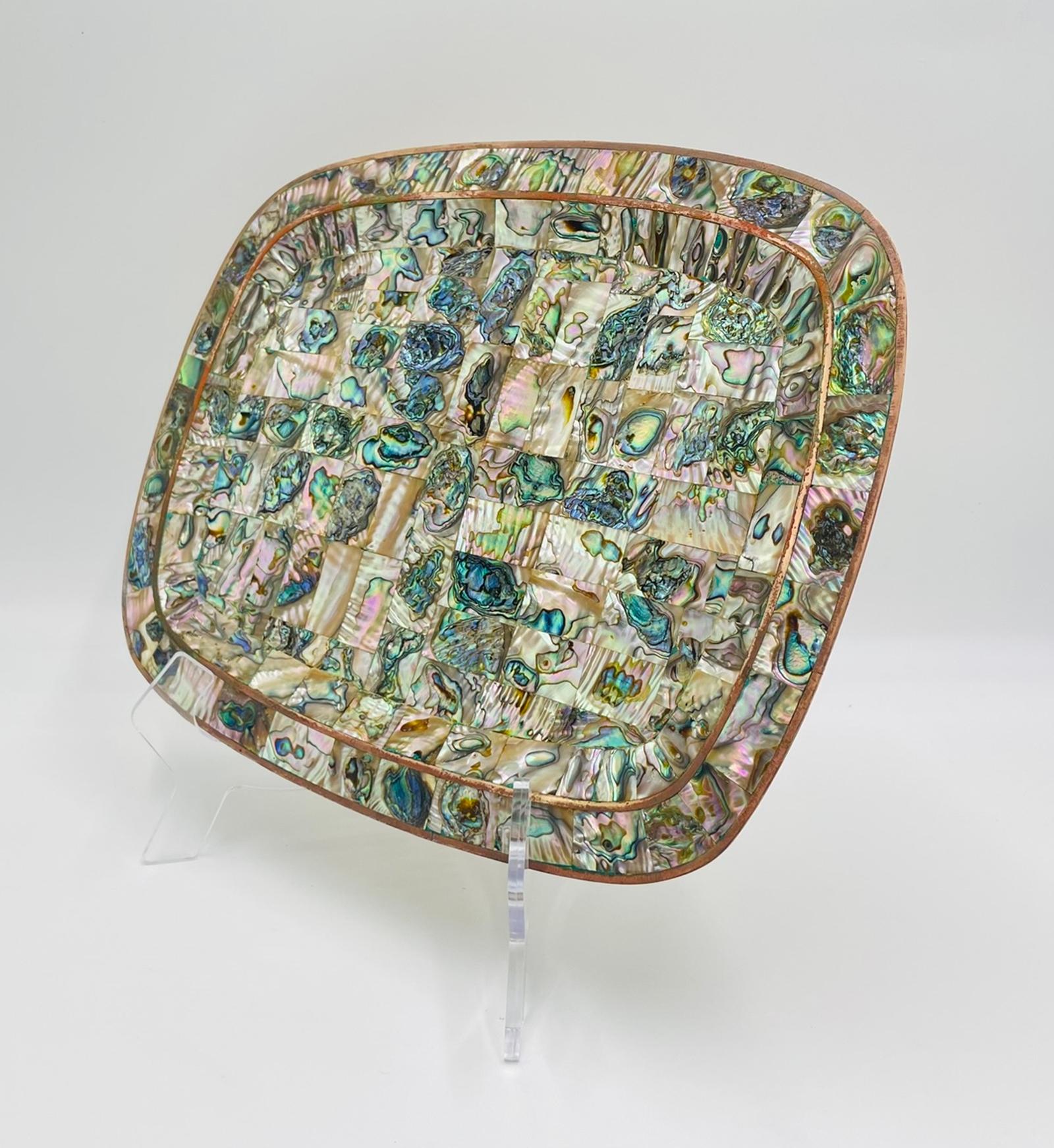 1950s Mexican Brass & Abalone Shell Tray with Five Alpaca Tumblers, Signed LMG For Sale 10