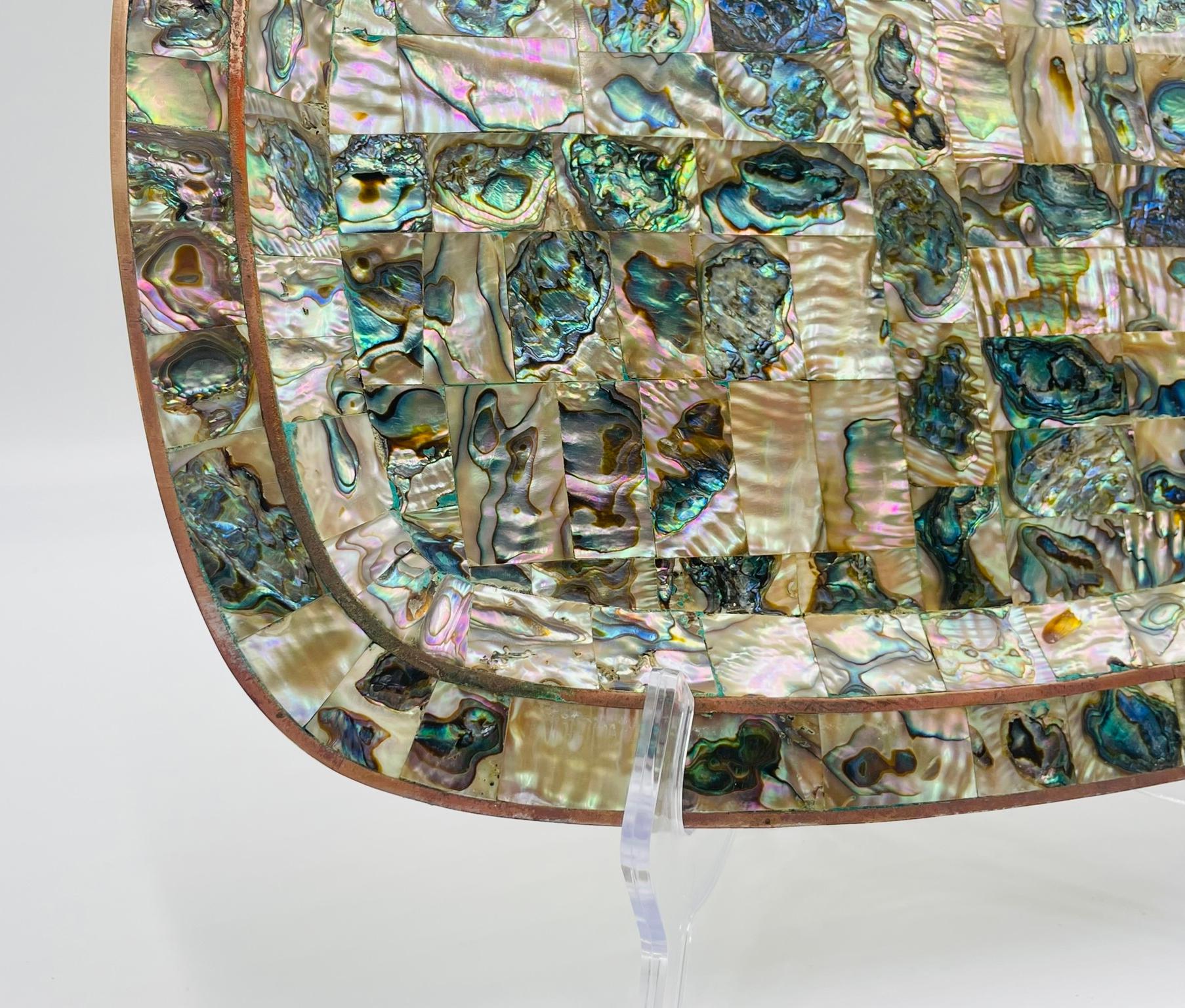 1950s Mexican Brass & Abalone Shell Tray with Five Alpaca Tumblers, Signed LMG For Sale 11