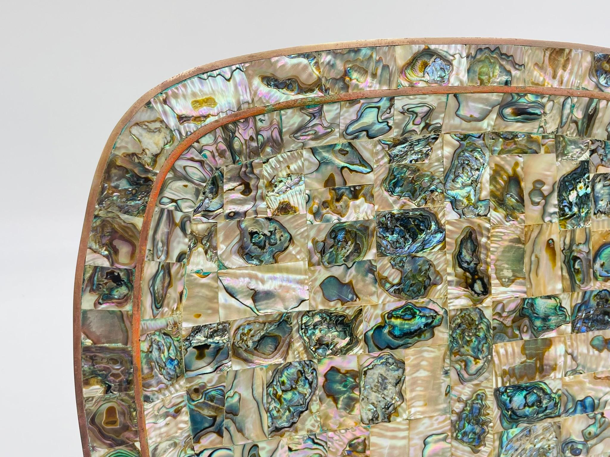 1950s Mexican Brass & Abalone Shell Tray with Five Alpaca Tumblers, Signed LMG For Sale 12