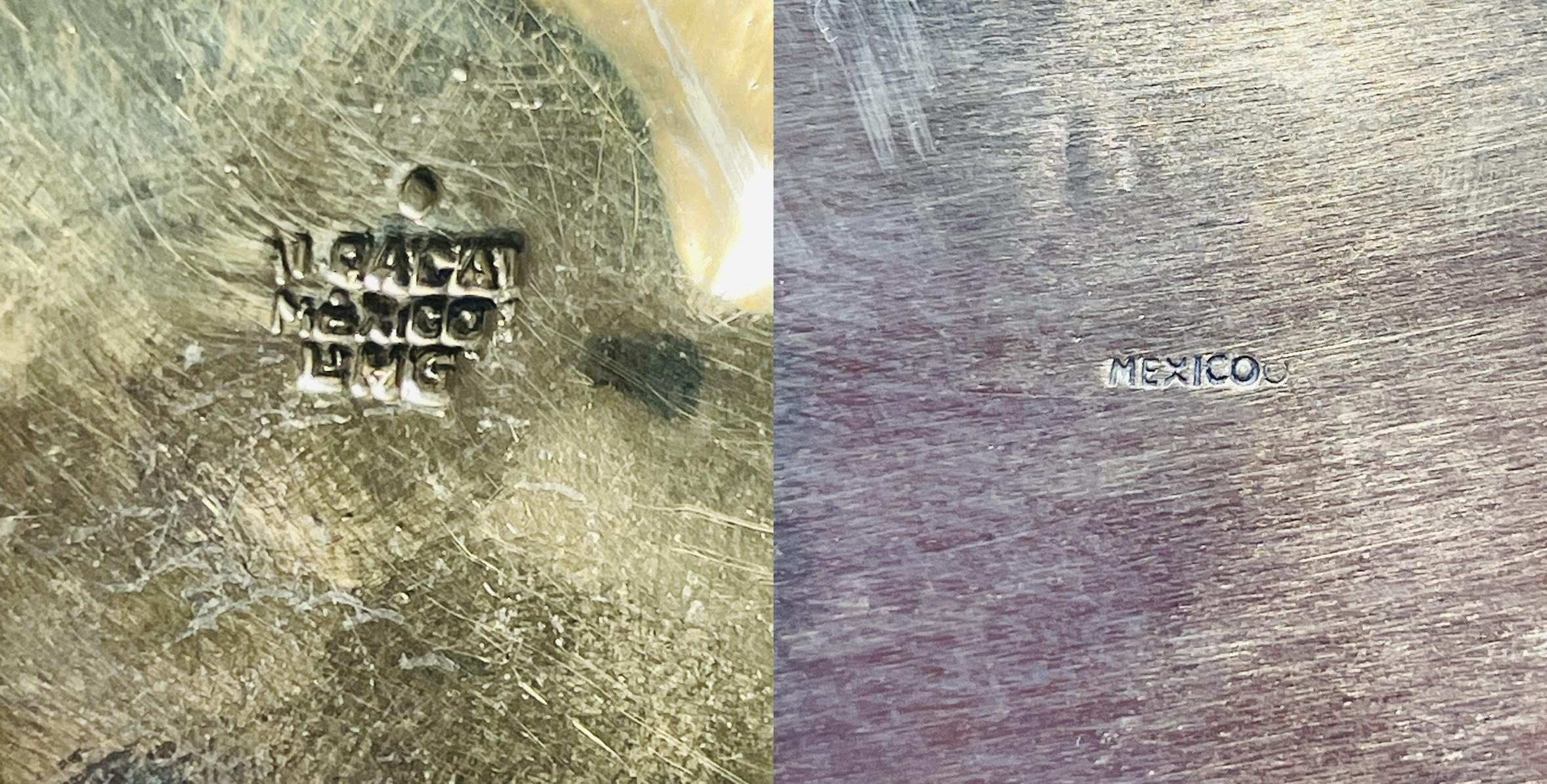 1950s Mexican Brass & Abalone Shell Tray with Five Alpaca Tumblers, Signed LMG For Sale 14