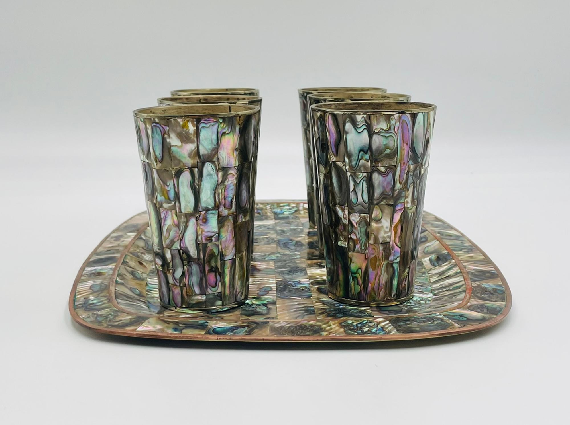 Mid-Century Modern 1950s Mexican Brass & Abalone Shell Tray with Five Alpaca Tumblers, Signed LMG For Sale